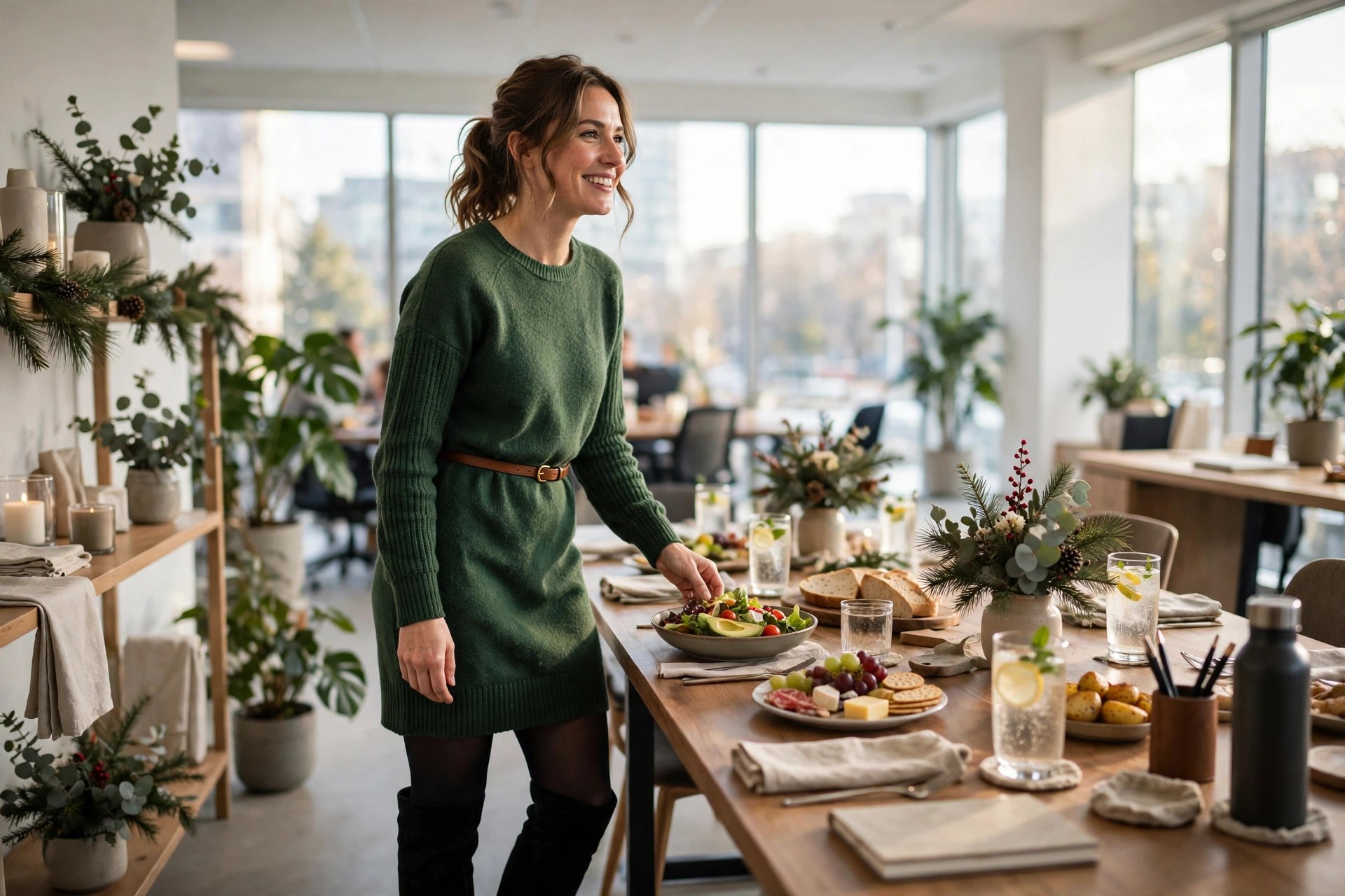 A woman in a forest green sweater dress with a belt, tights and knee-high boots at an office lunch table