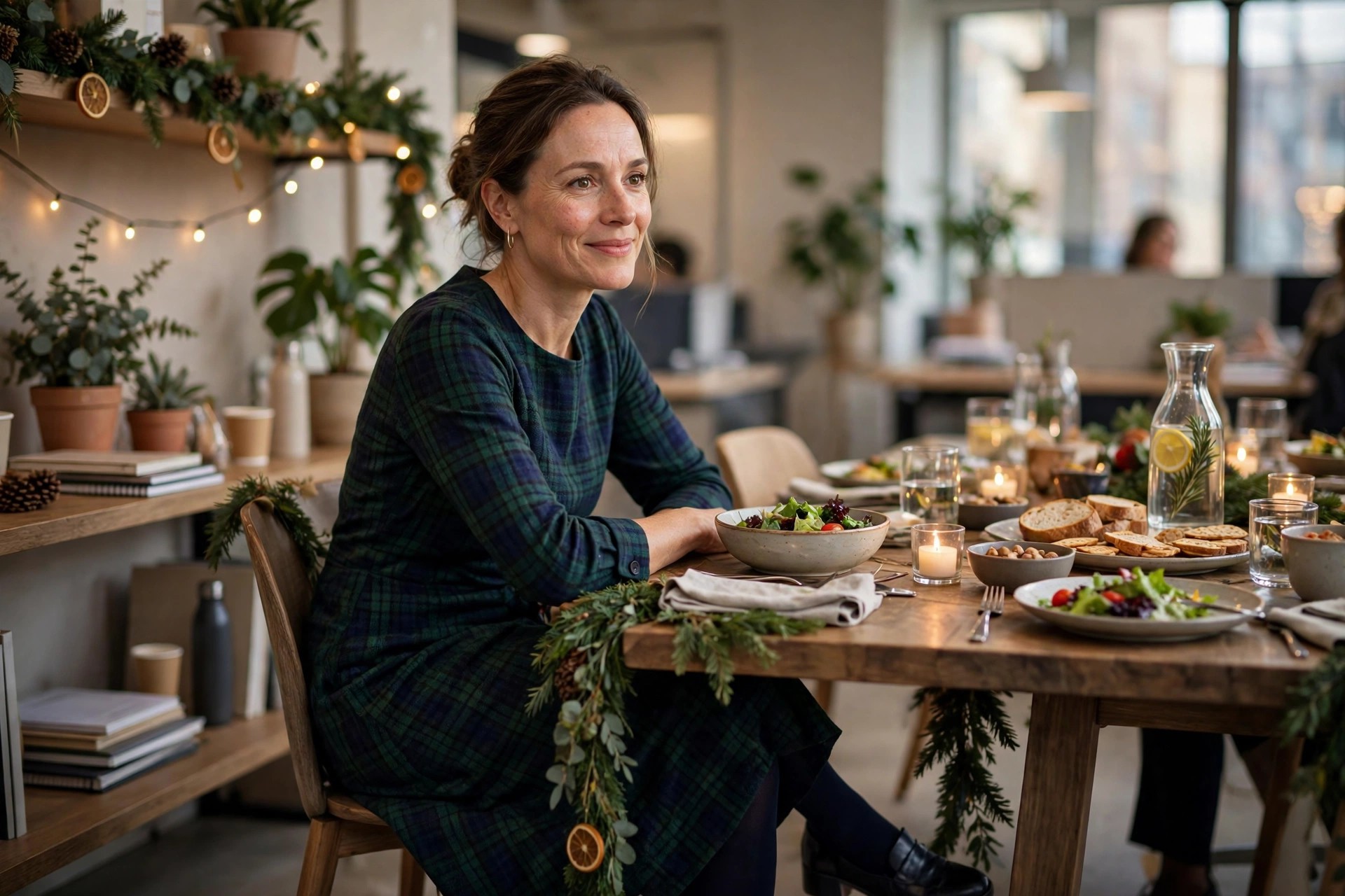 A woman in a dark green and navy tartan midi dress seated at a festive office lunch table