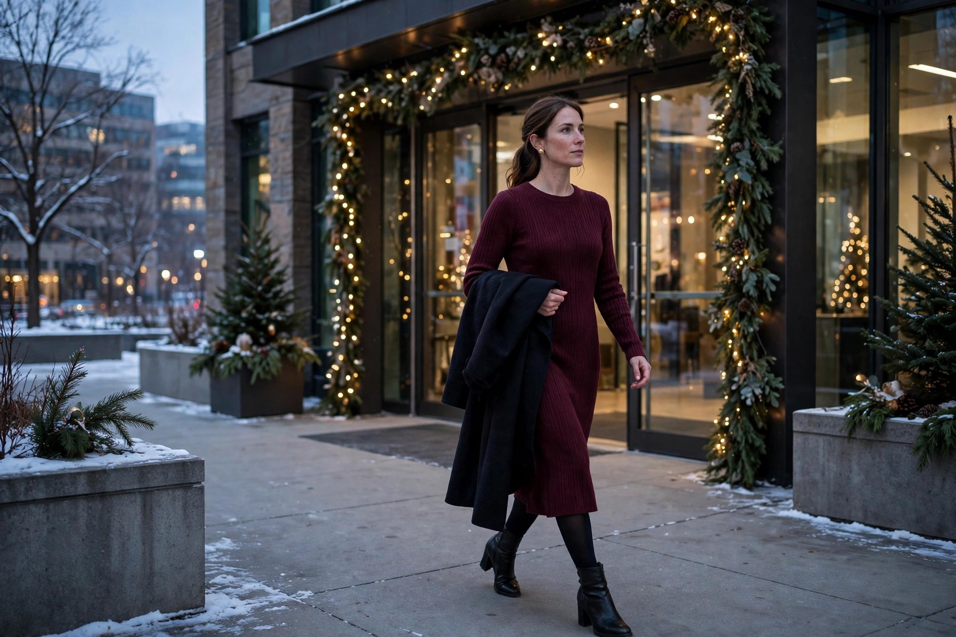 A woman in a wine knit midi dress with a long coat and heeled boots arriving at a decorated venue entrance in winter