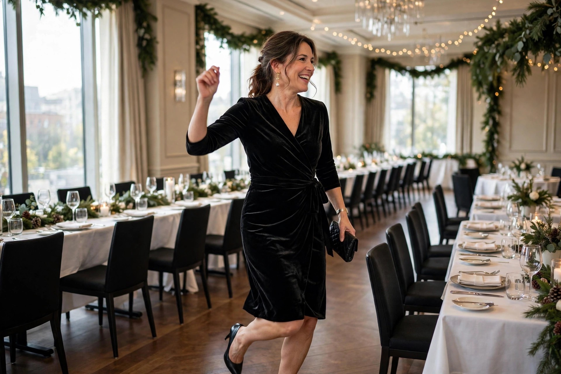 A woman in a black velvet wrap dress dancing between set tables in a hotel ballroom