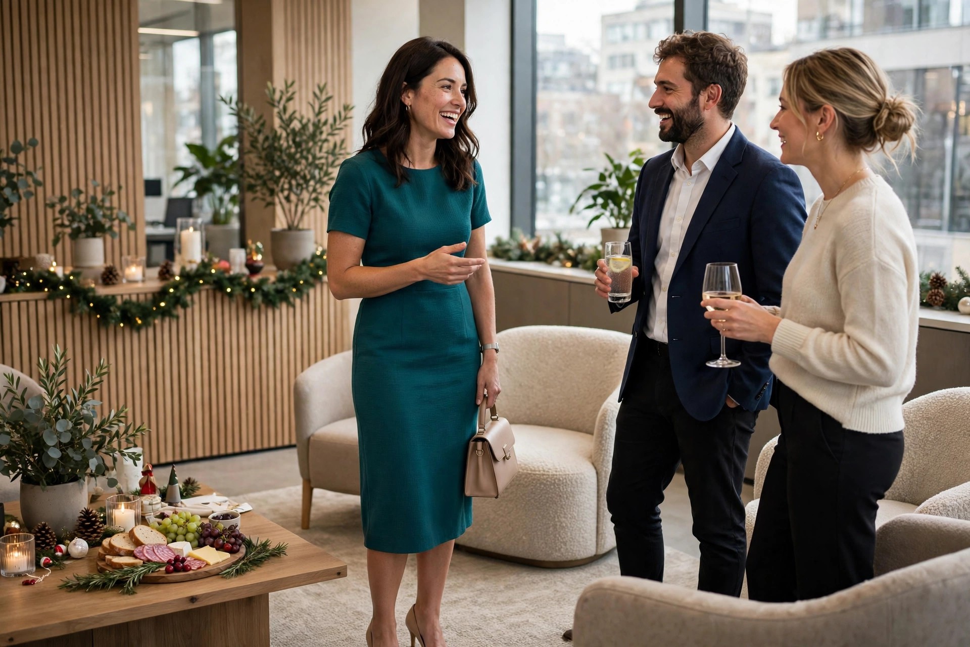 A woman in a teal crepe sheath dress talking with colleagues at an office holiday gathering
