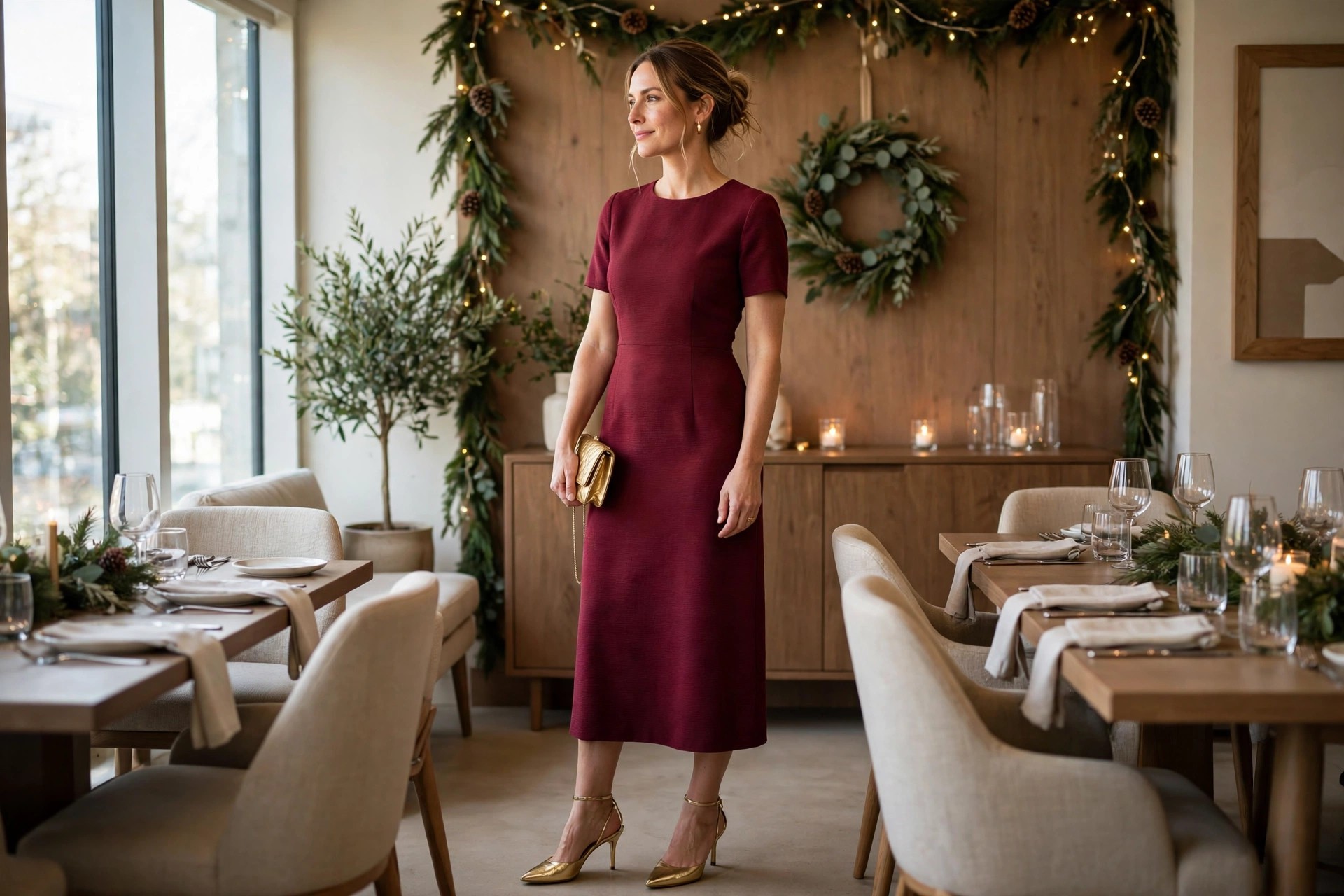 A woman in a cranberry crepe sheath dress with gold heels and a gold clutch in a decorated restaurant room