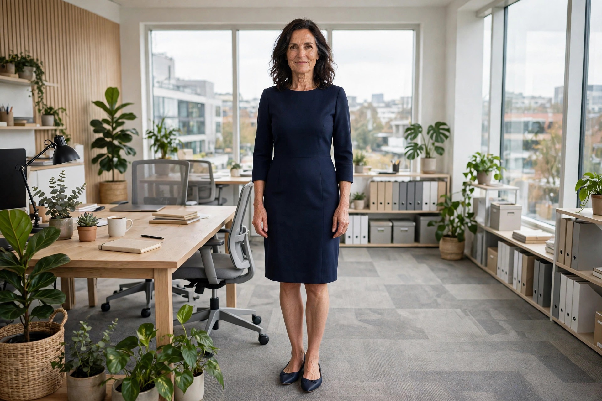 Woman visibly over 40 wearing a navy knee-length sheath dress with three-quarter sleeves and pointed flats in a bright tidy office