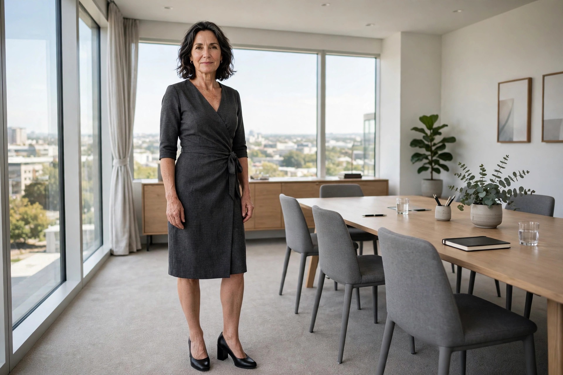 Woman visibly over 40 wearing a charcoal knee-length wrap dress with elbow sleeves and block heels in a tidy meeting room