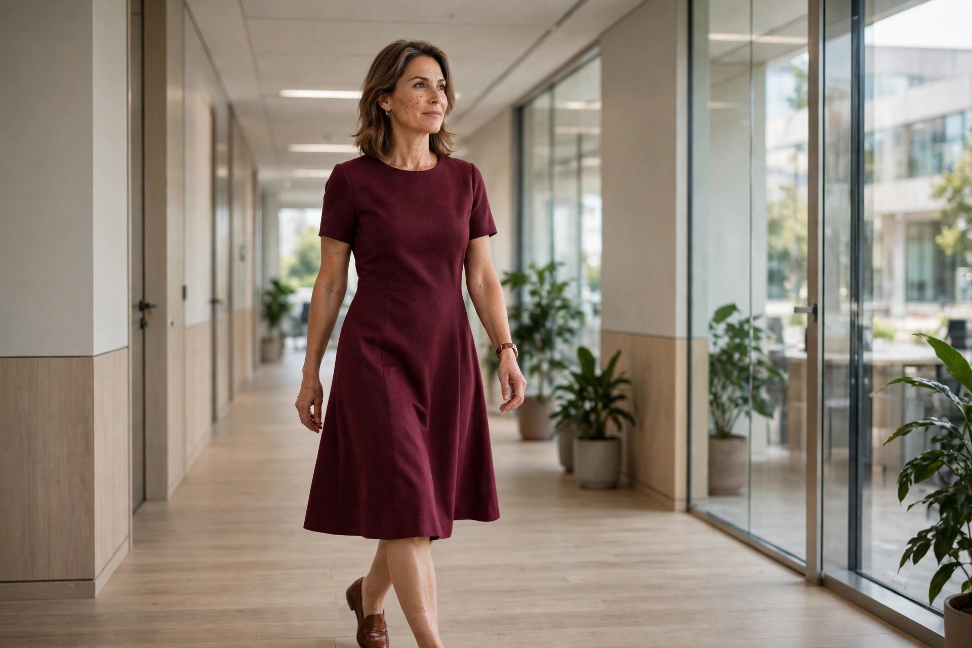 Woman visibly over 40 wearing a burgundy knee-length A-line dress with short sleeves and brown loafers in an office corridor