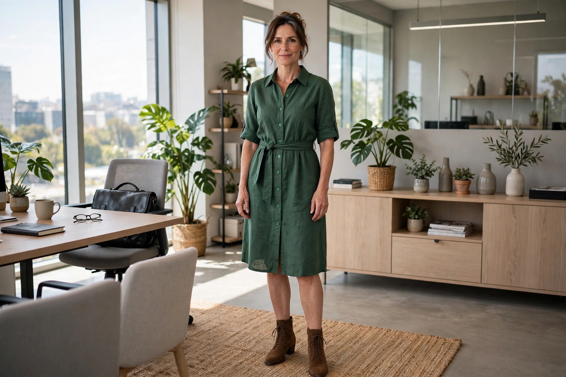 Woman visibly over 40 wearing a forest green knee-length belted shirt dress with ankle boots in a tidy office