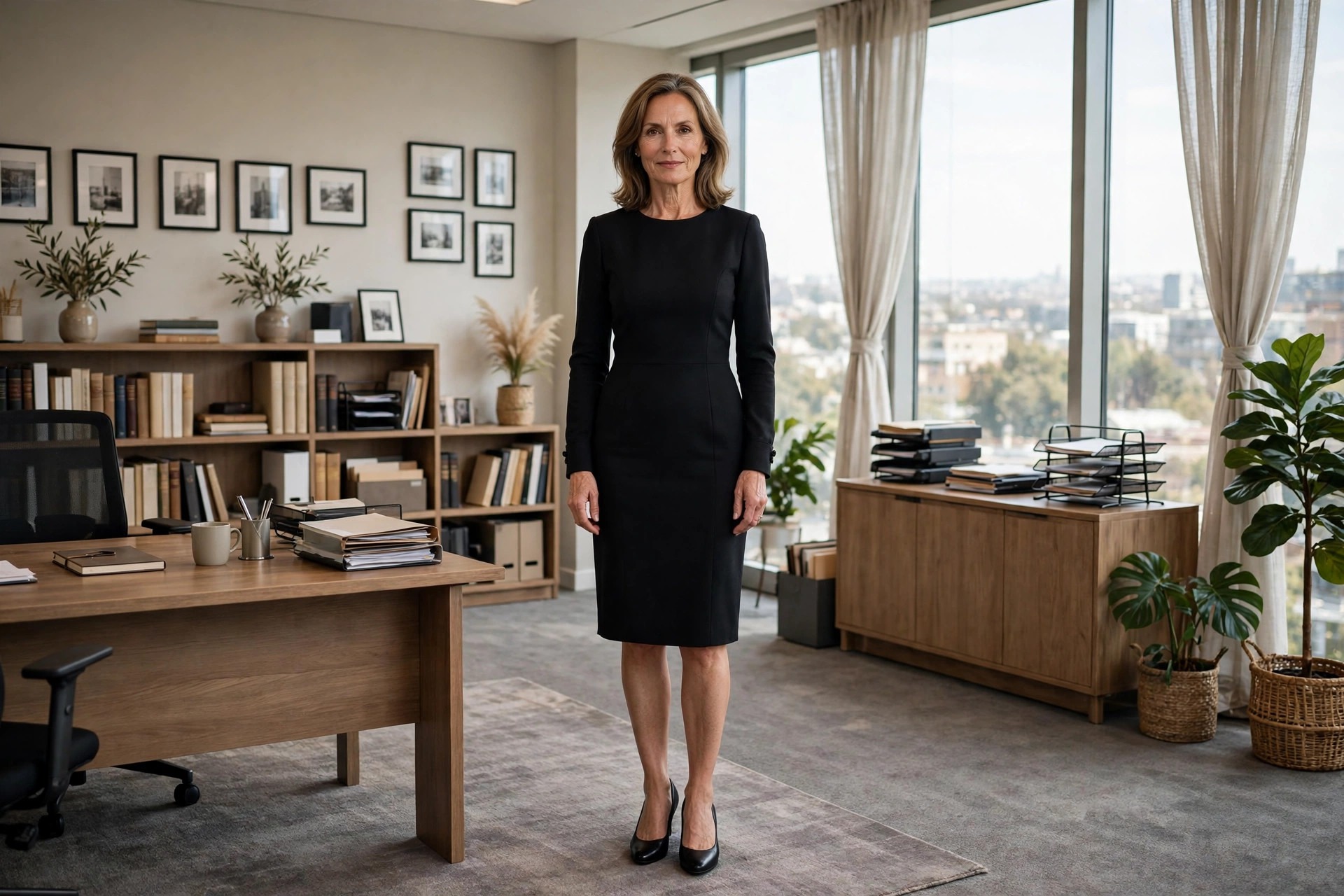 Woman visibly over 40 wearing a black knee-length long-sleeve pencil dress with classic pumps in a formal office