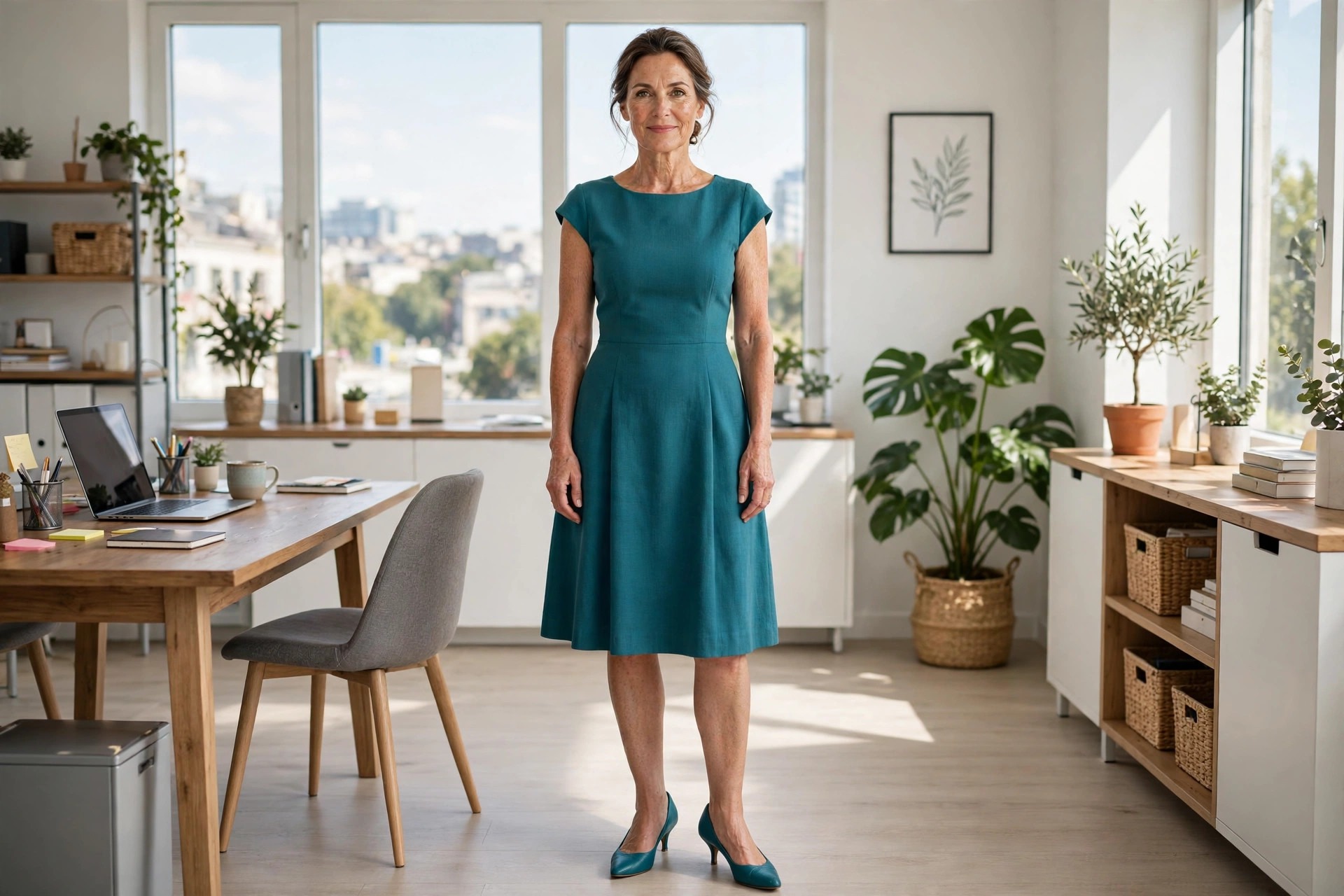 Woman visibly over 40 wearing a teal knee-length fit-and-flare dress with cap sleeves and kitten heels in a bright office