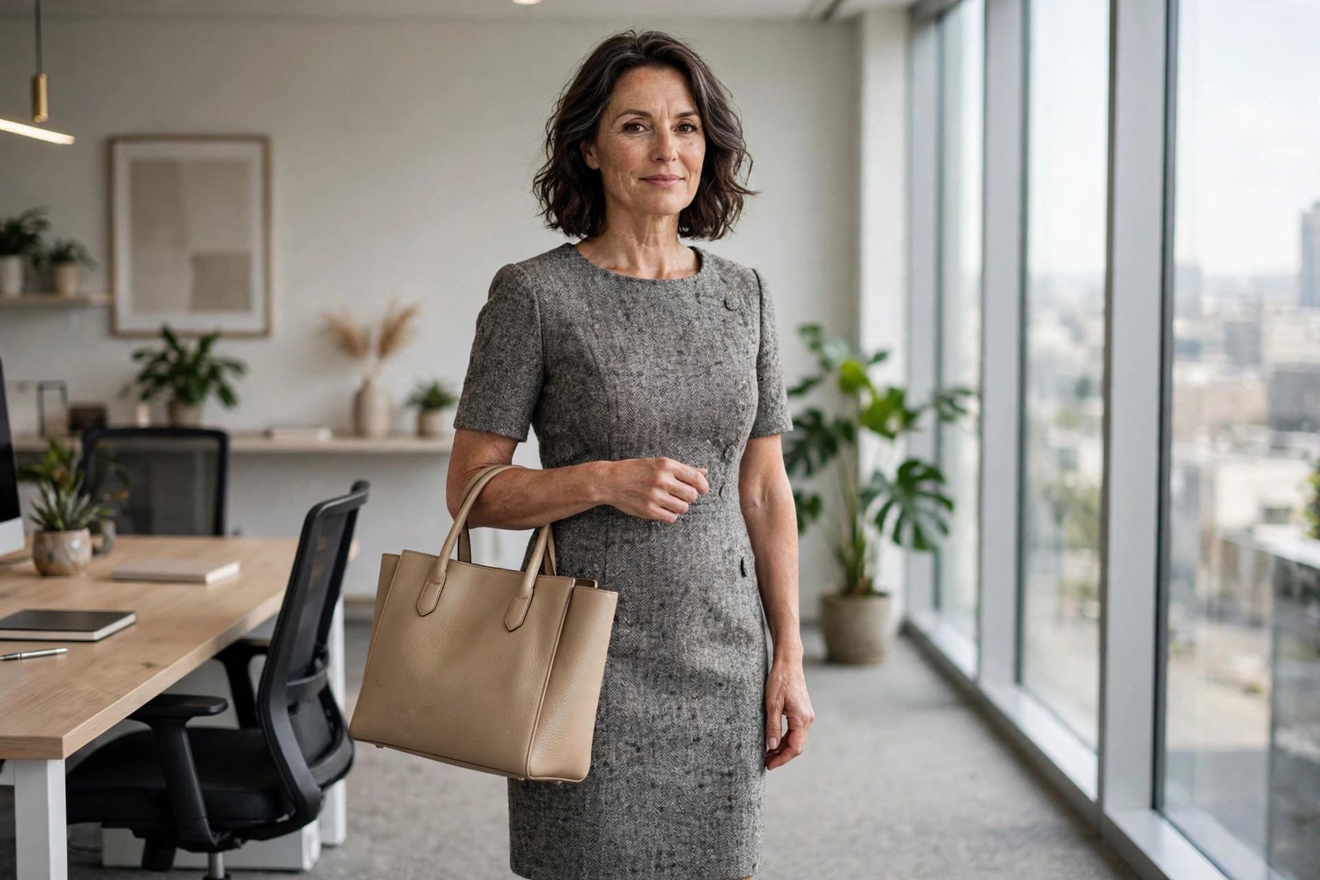 Woman visibly over 40 wearing a gray knee-length tweed sheath dress with a structured tote in a tidy office
