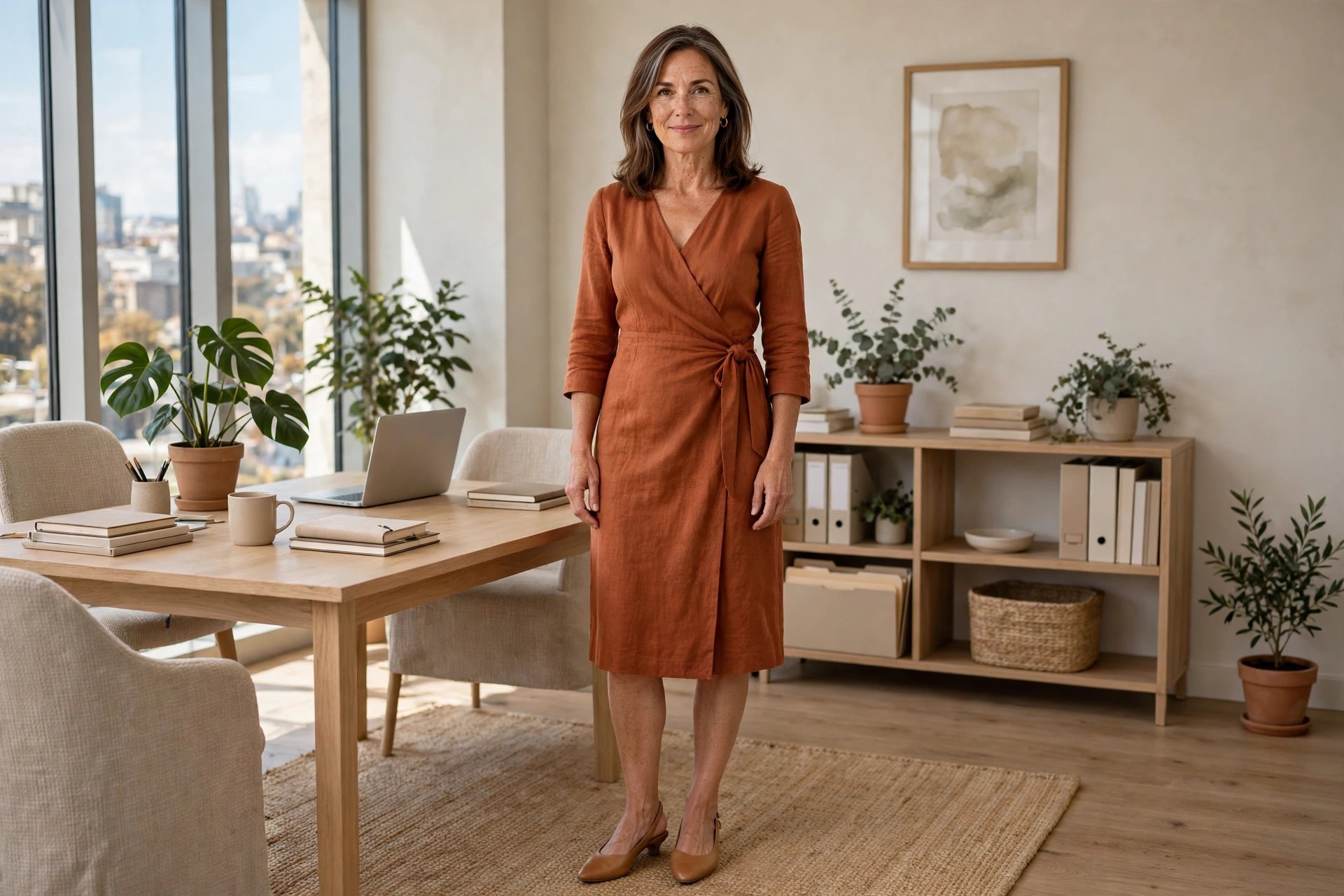 Woman visibly over 40 wearing a rust knee-length wrap dress with three-quarter sleeves and tan slingbacks in a tidy office