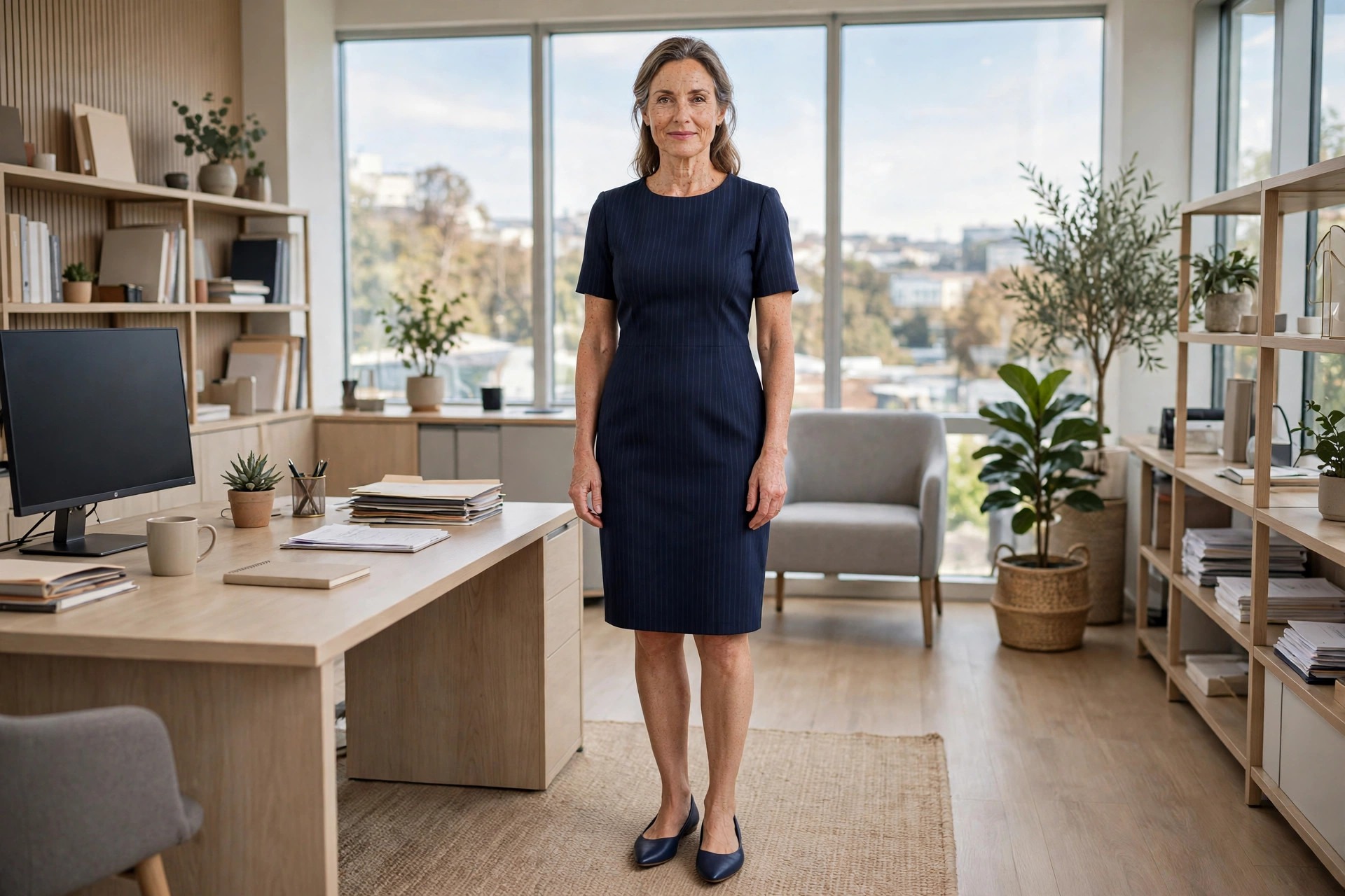 Woman visibly over 40 wearing a subtle pinstripe navy knee-length sheath dress with pointed flats in a tidy office