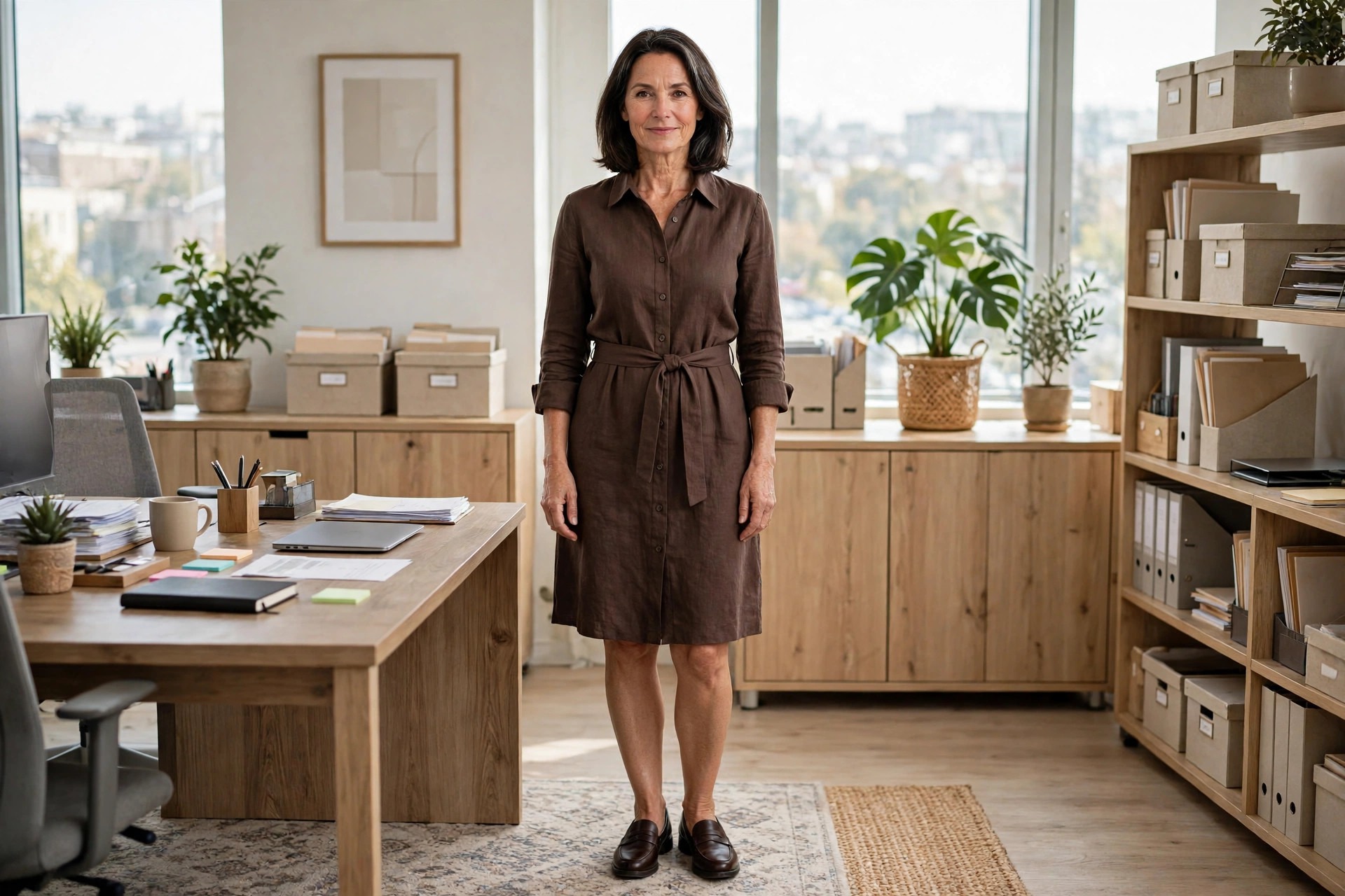 Woman visibly over 40 wearing a chocolate brown knee-length belted shirt dress with dark brown loafers in a tidy office