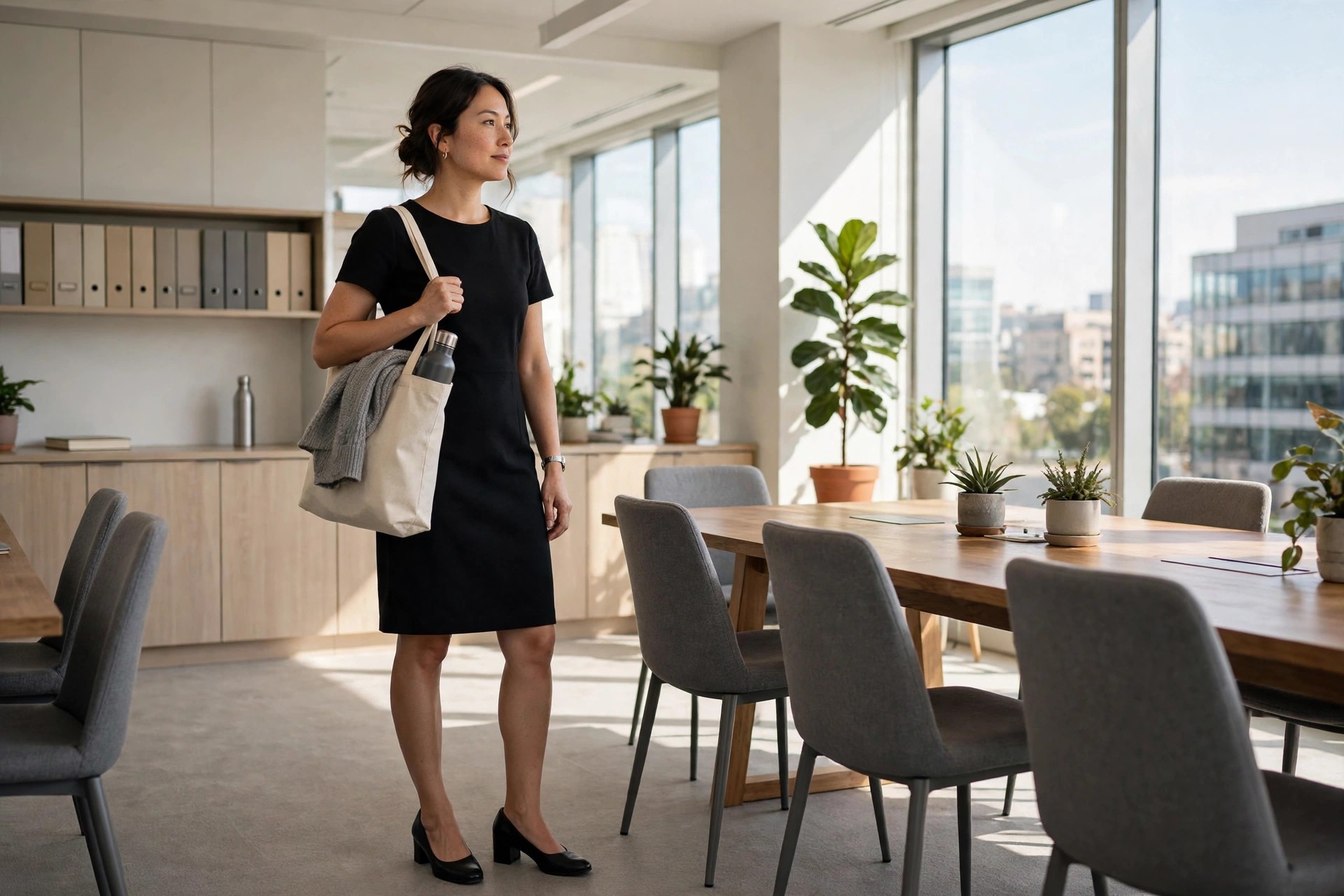 A woman in a black knee-length sheath dress with block heels carrying a tote in a bright office