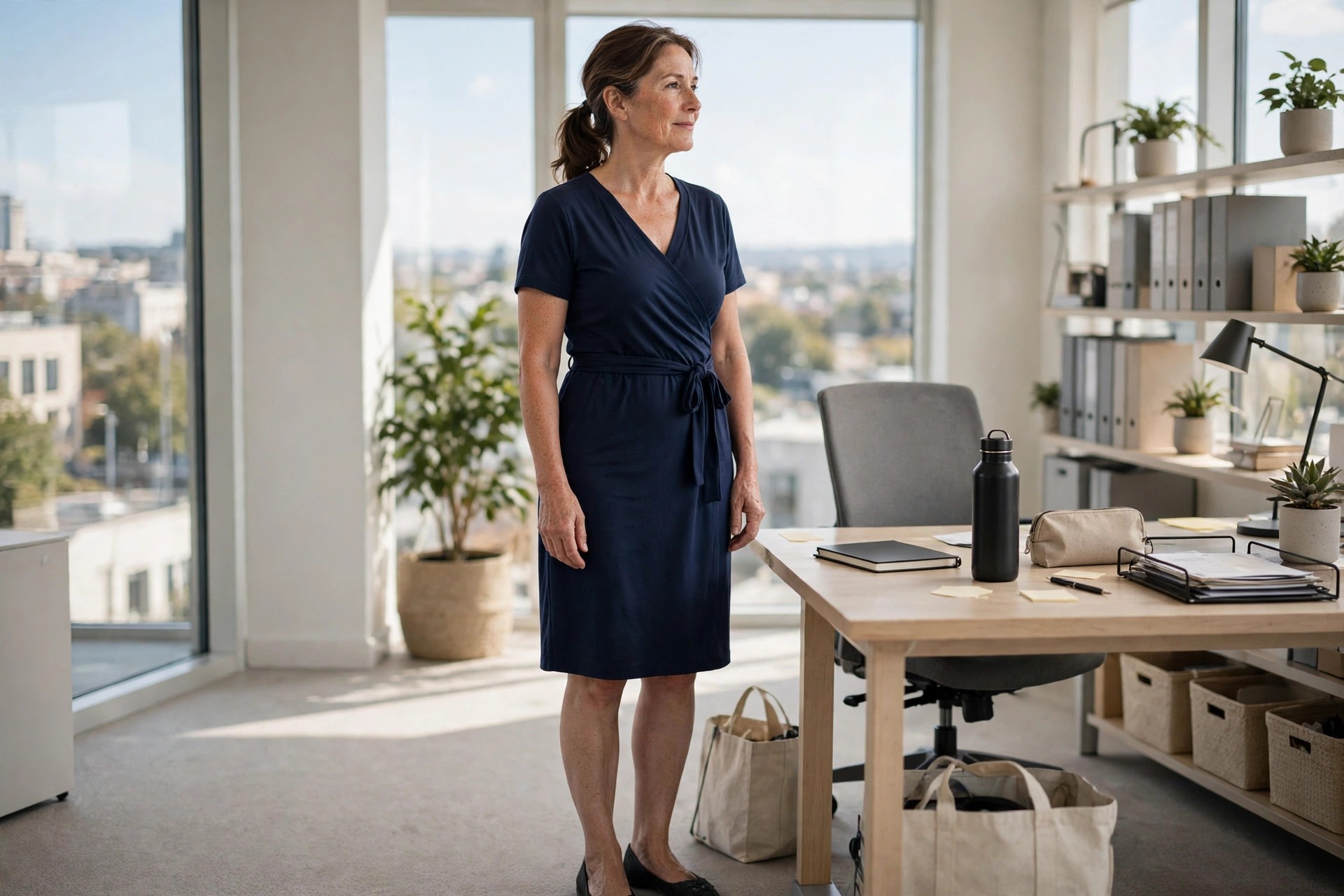 A woman in a navy wrap dress with a tie waist standing beside an office desk
