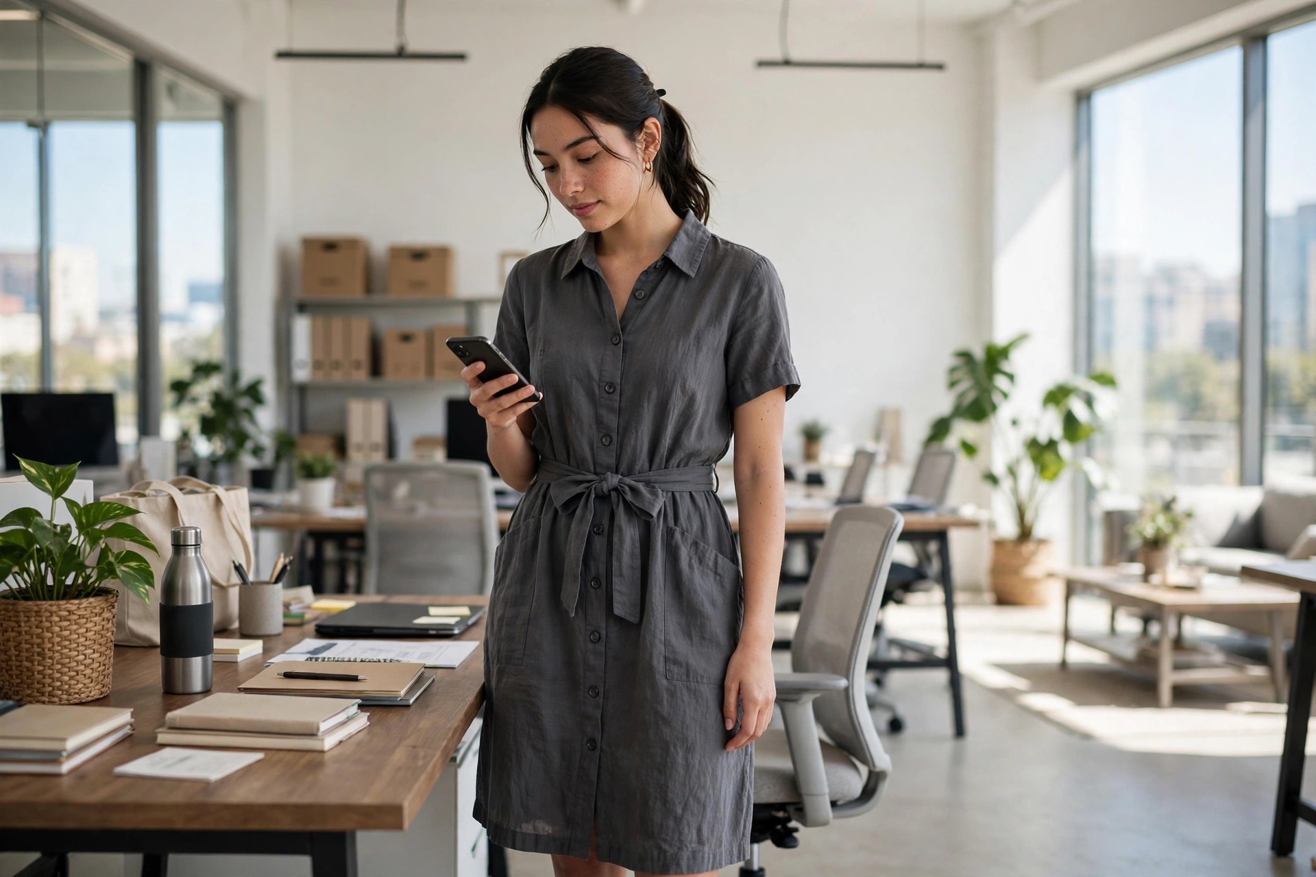 A woman in a charcoal belted button-front shirt dress holding a phone in an office