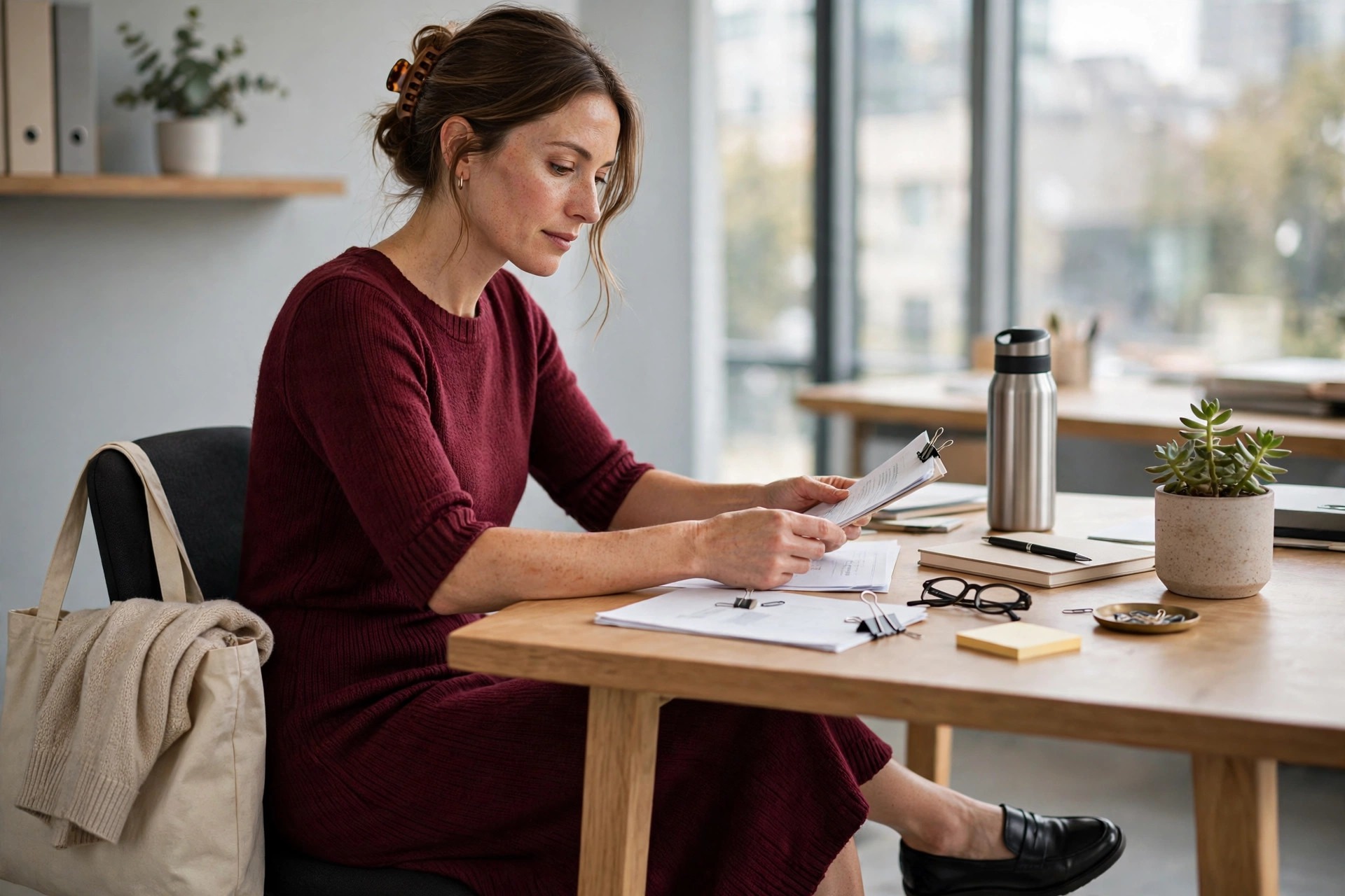 A woman in a burgundy knit midi dress with three-quarter sleeves seated at an office desk