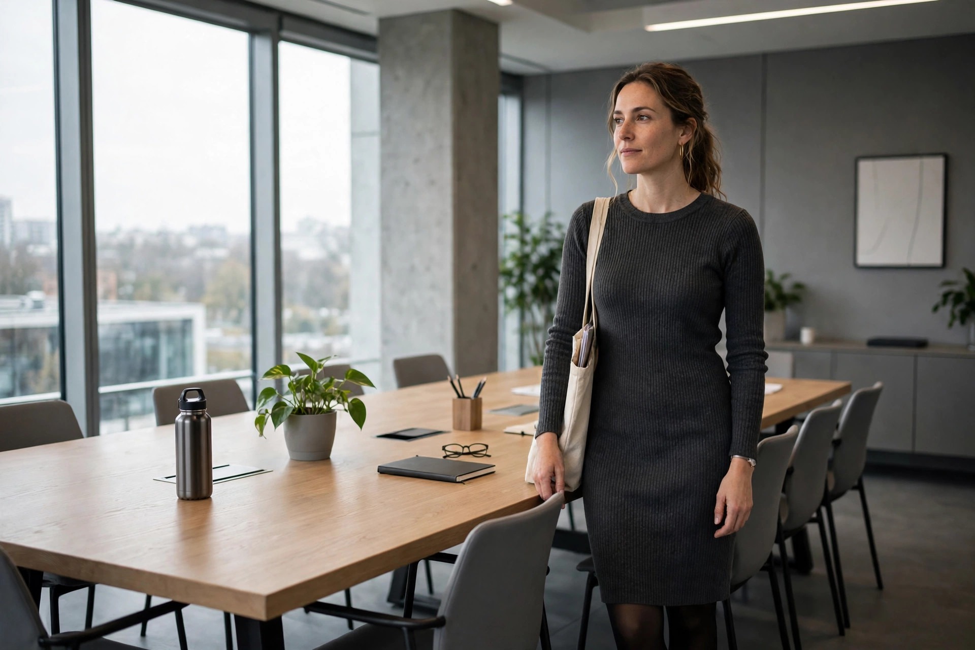 A woman in a charcoal ribbed knit long-sleeve sheath dress in a conference room
