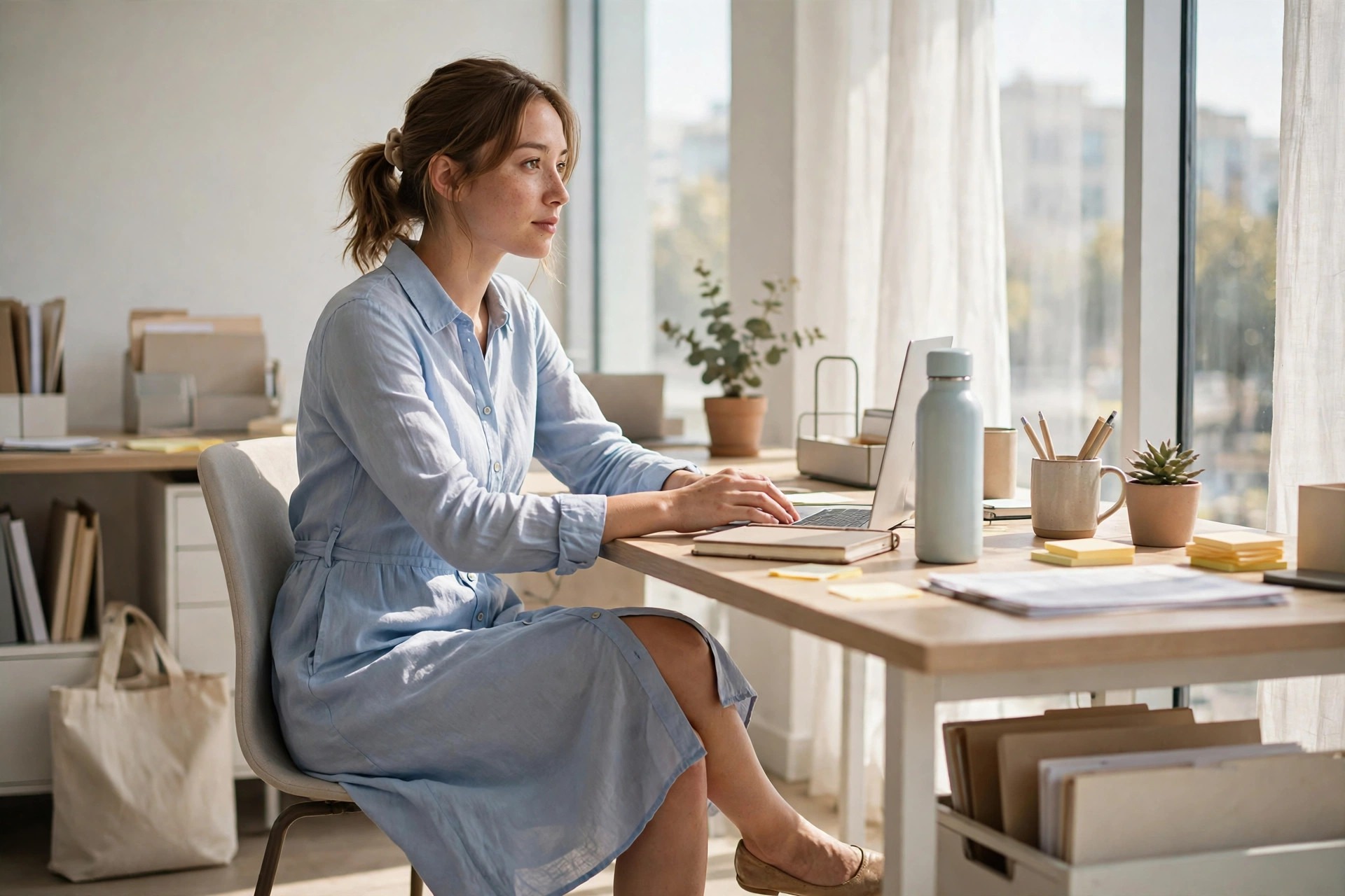 A woman in a pale blue long-sleeve button-front dress working at a laptop in a sunny office