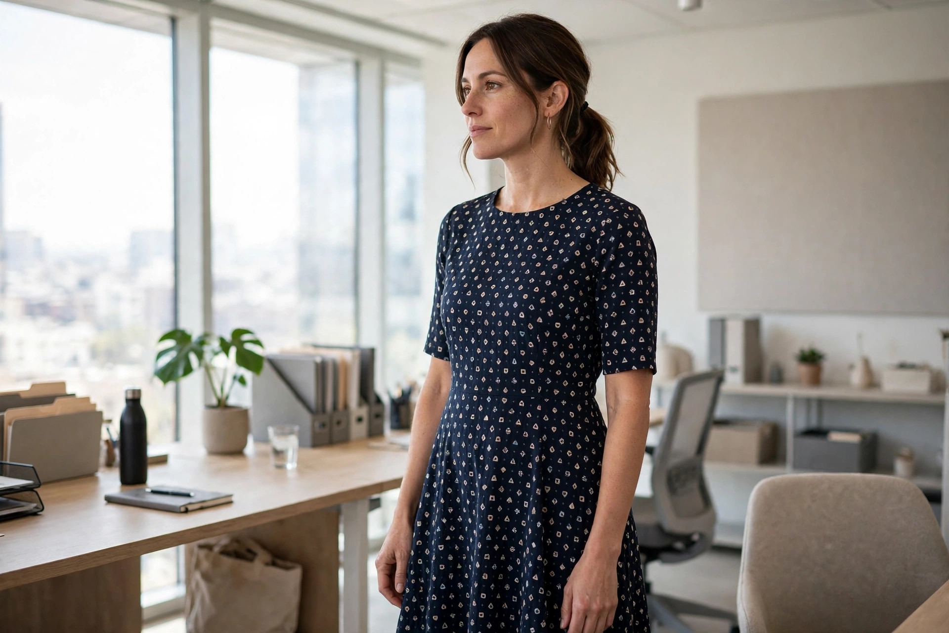 A woman in a dark A-line midi dress with a small light geometric print in an office