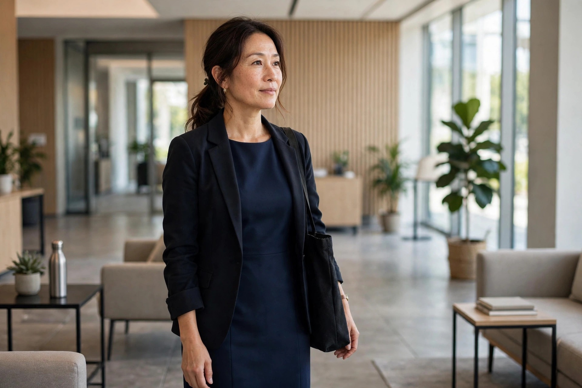 A woman in a navy sleeveless sheath dress with a dark blazer in an office lobby