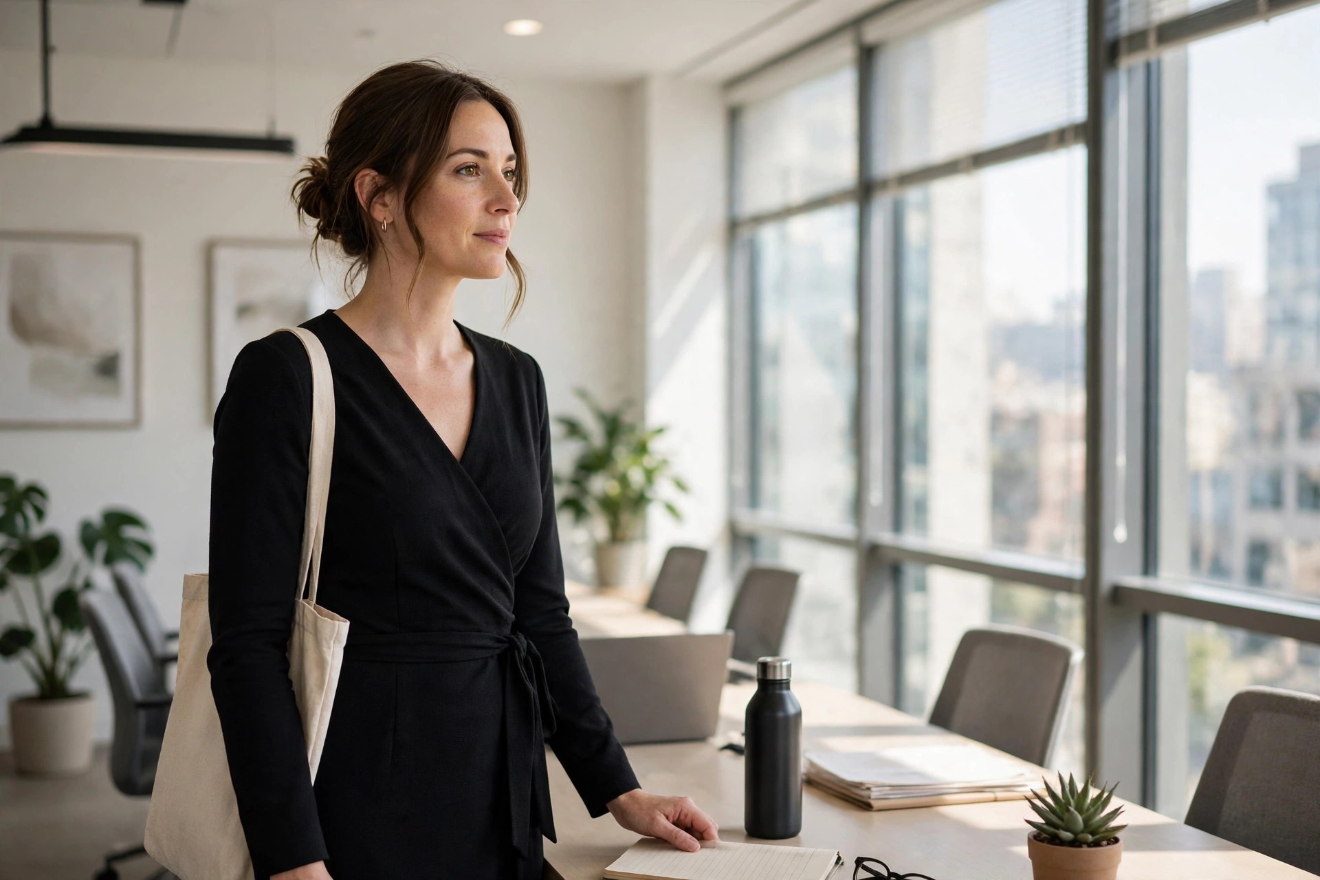 A woman in a black long-sleeve wrap dress standing in a bright meeting room