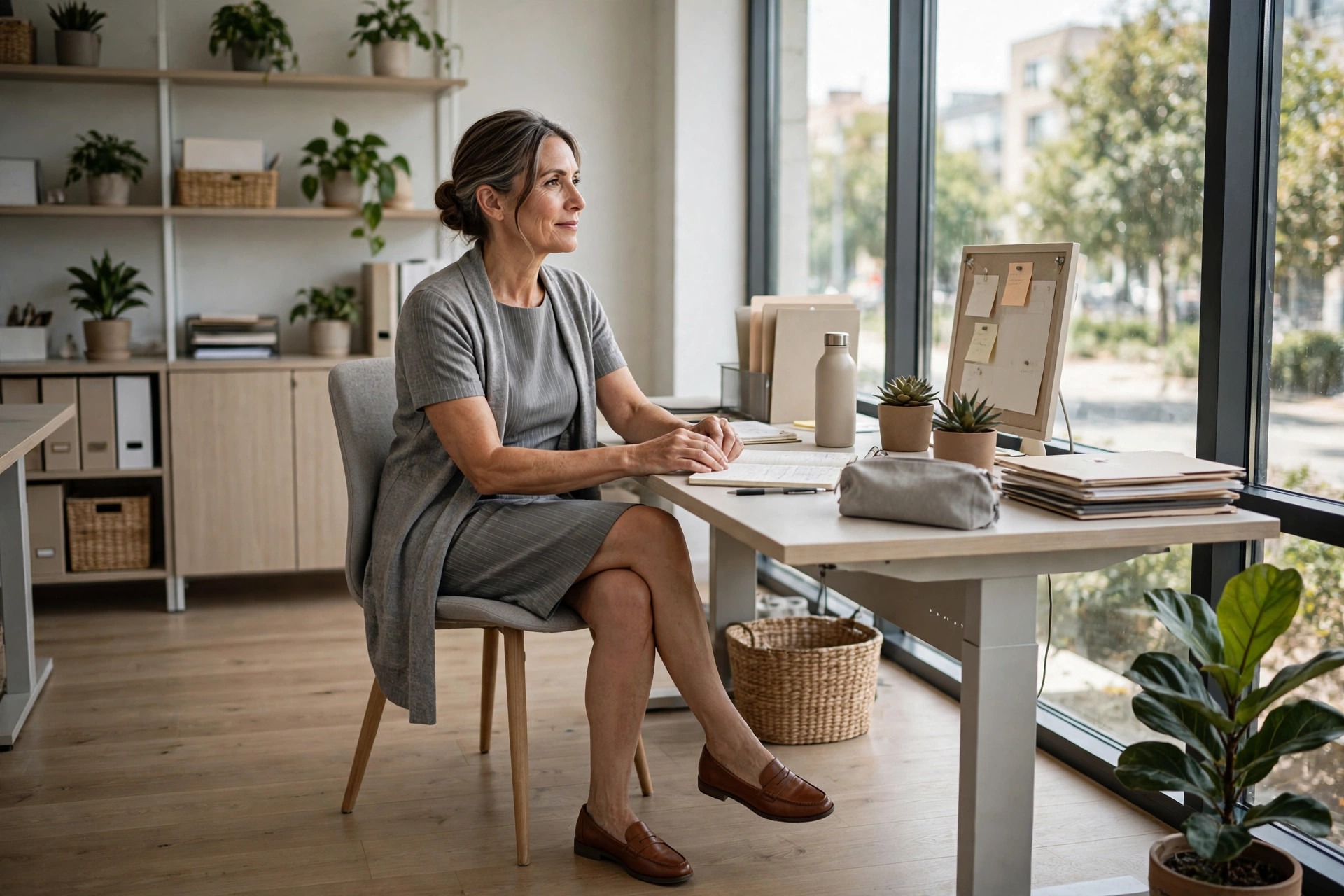 A woman in a gray striped shift dress with a long cardigan seated at an office desk