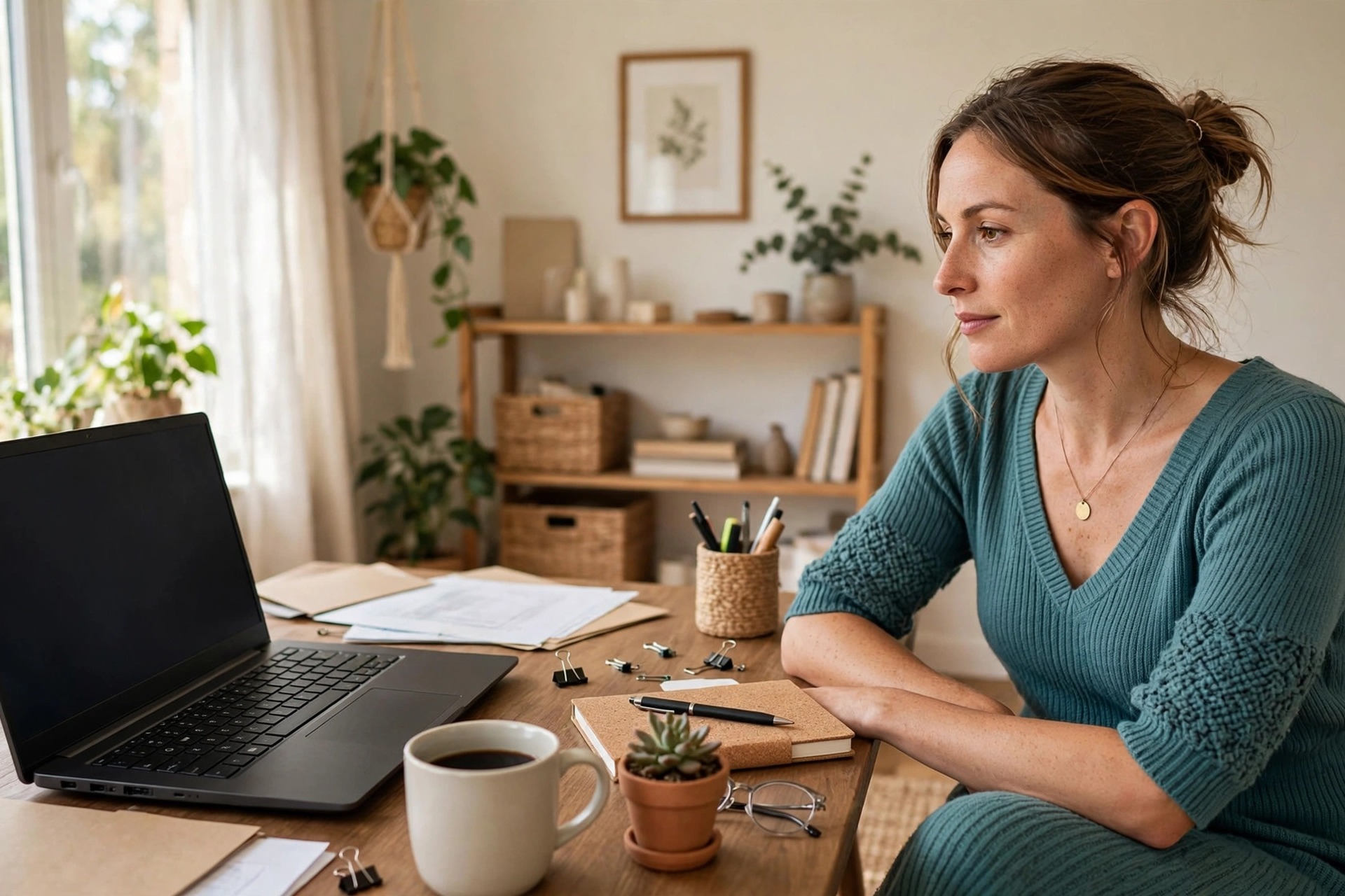 A woman in a teal V-neck knit midi dress with elbow sleeves seated at a desk with a laptop