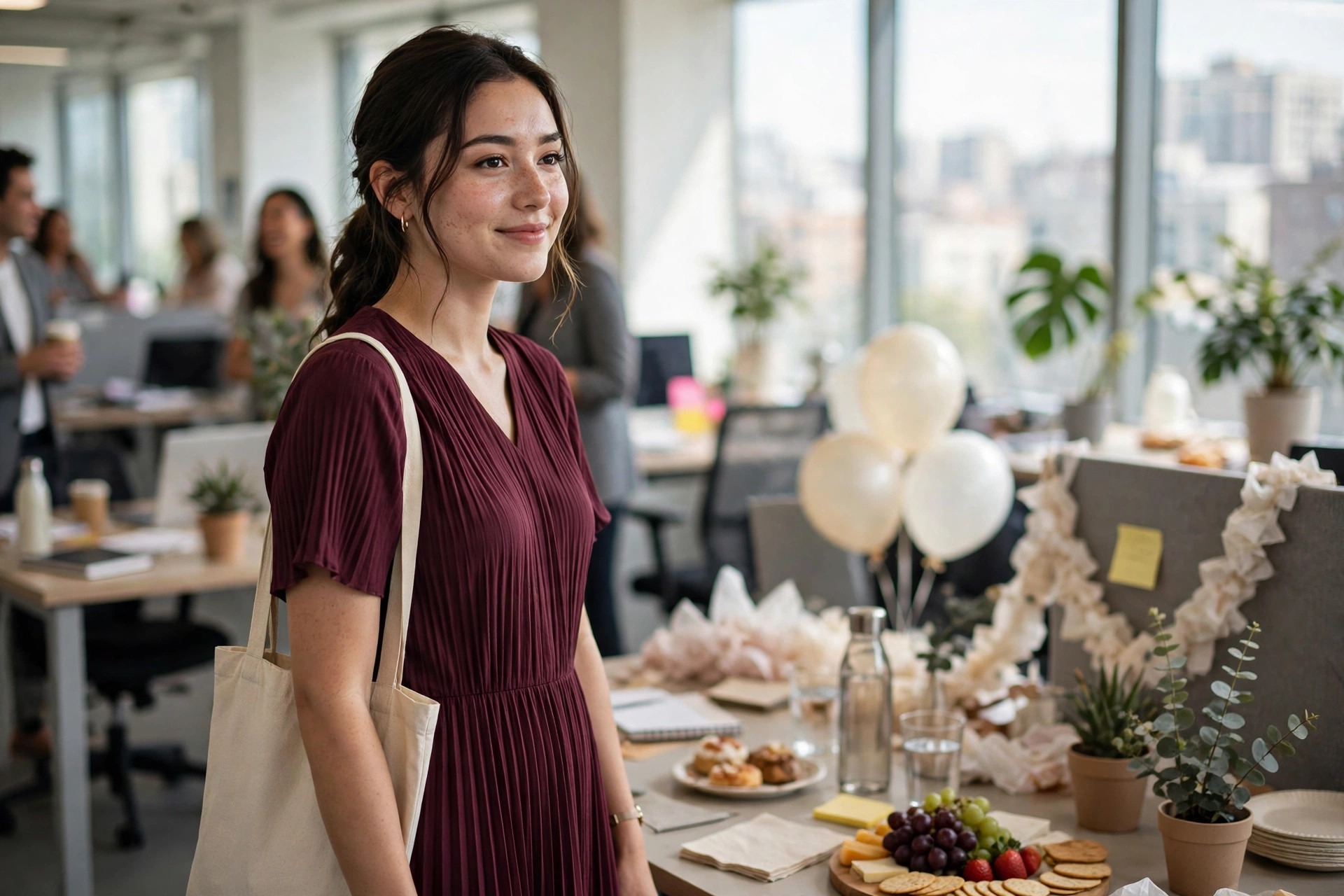 A woman in a wine pleated midi dress with short sleeves at an office celebration