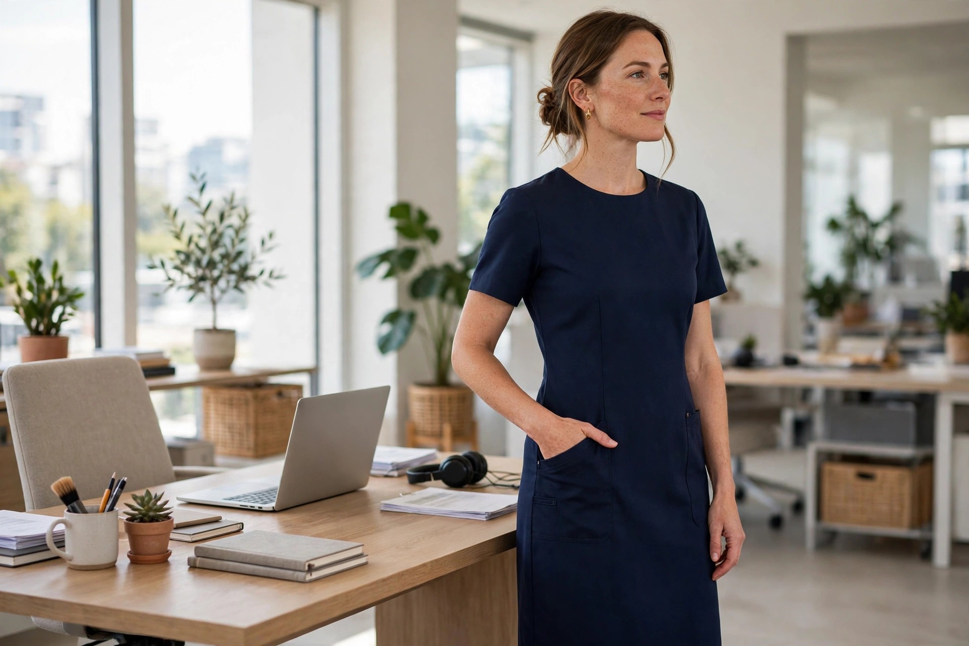 Woman in her 30s by an office desk in a navy sheath dress, hand in a side pocket