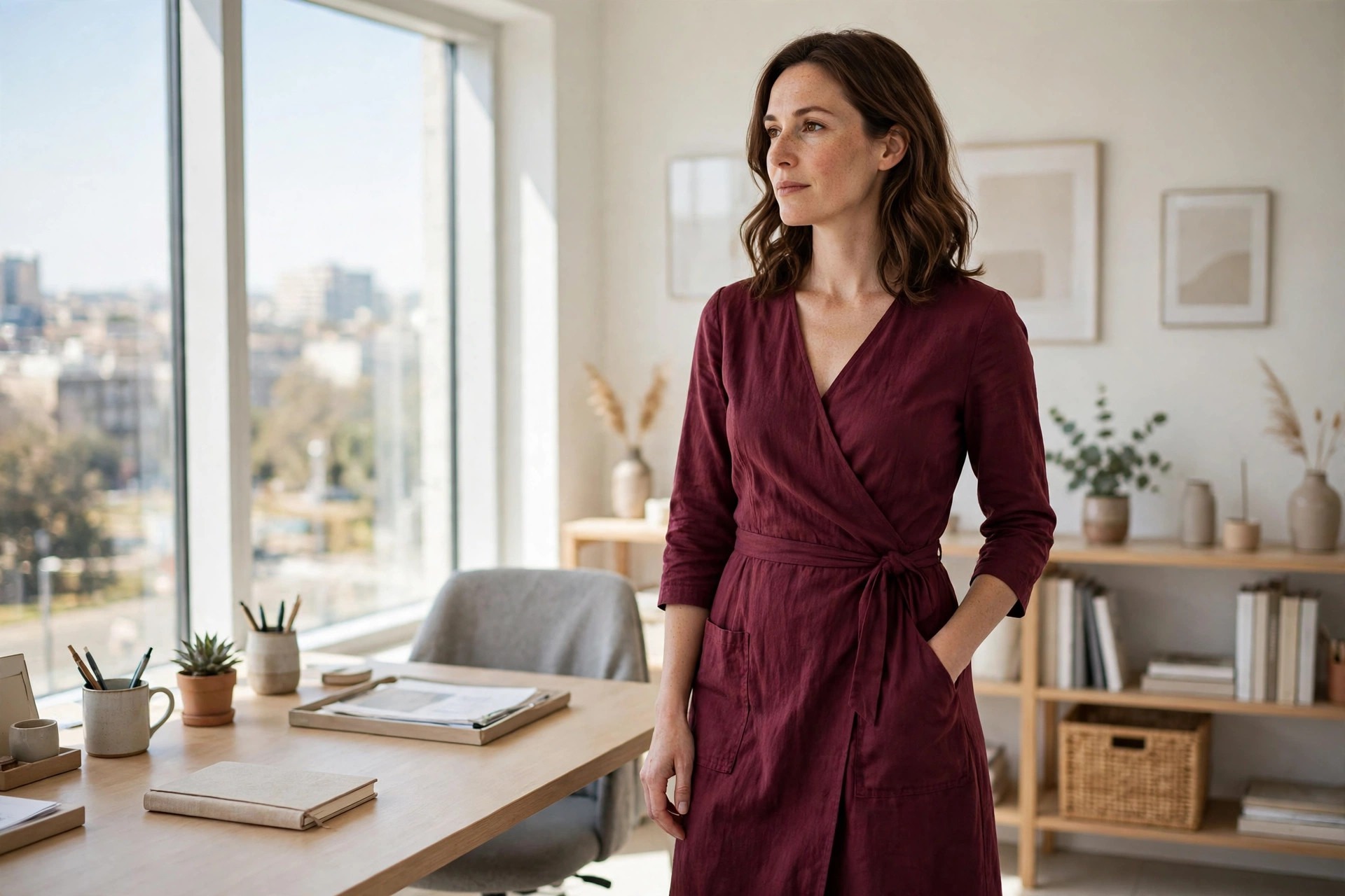 Woman in her 30s in an office in a burgundy wrap dress with patch pockets, hand in a pocket
