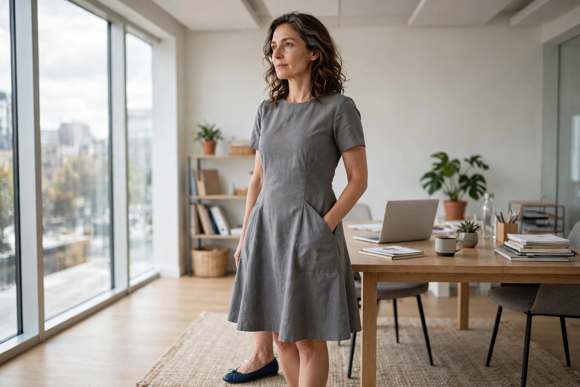 Woman in her 40s in an office in a gray A-line dress, hand in a deep side pocket