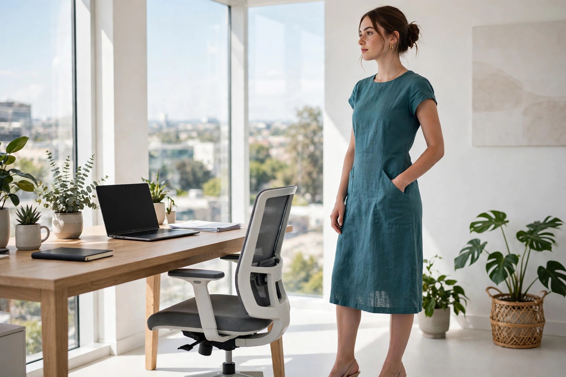 Woman in her 20s in an office in a teal shift dress, hand in a side pocket