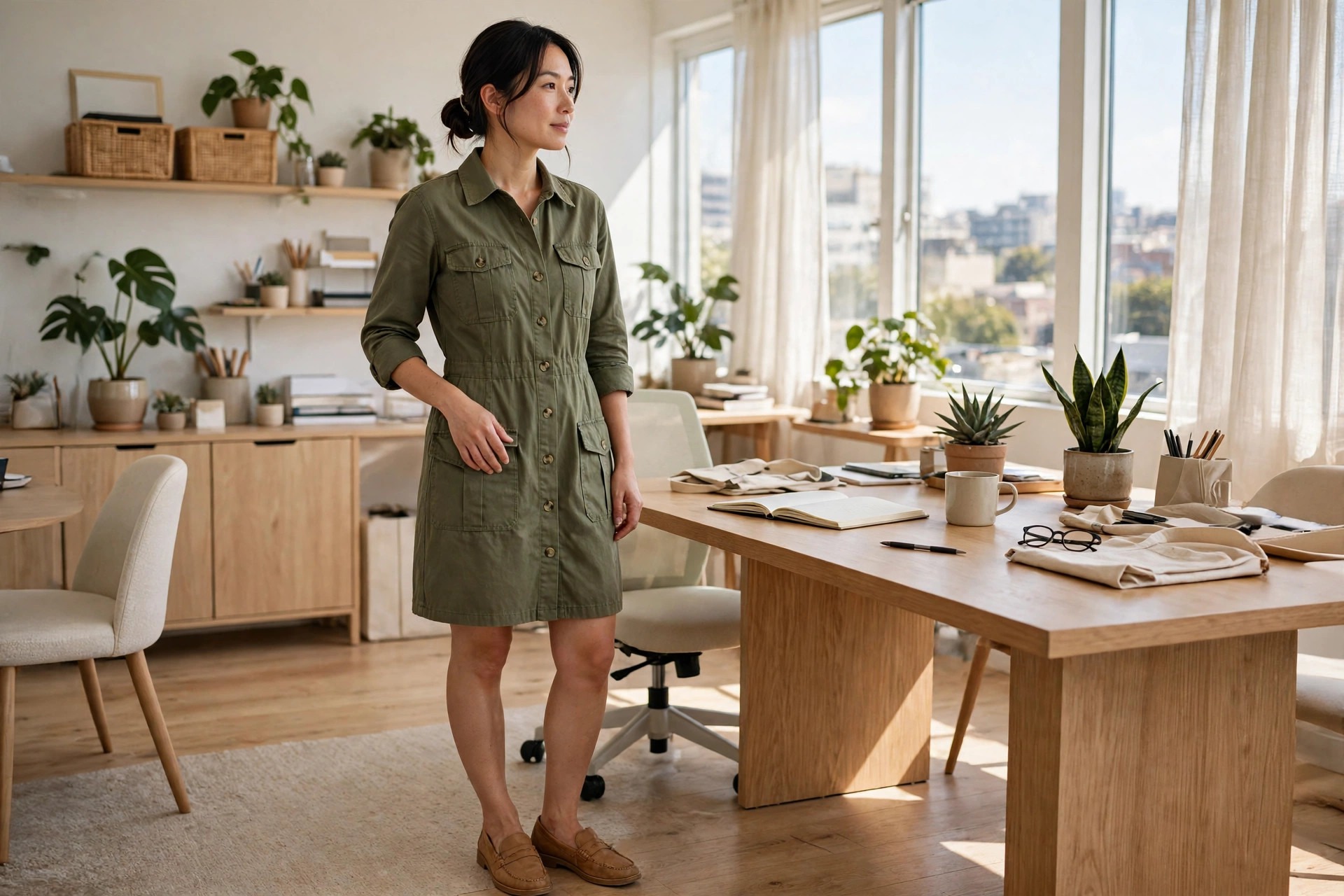 Woman in her 30s in an office in an olive utility shirt dress with flap pockets
