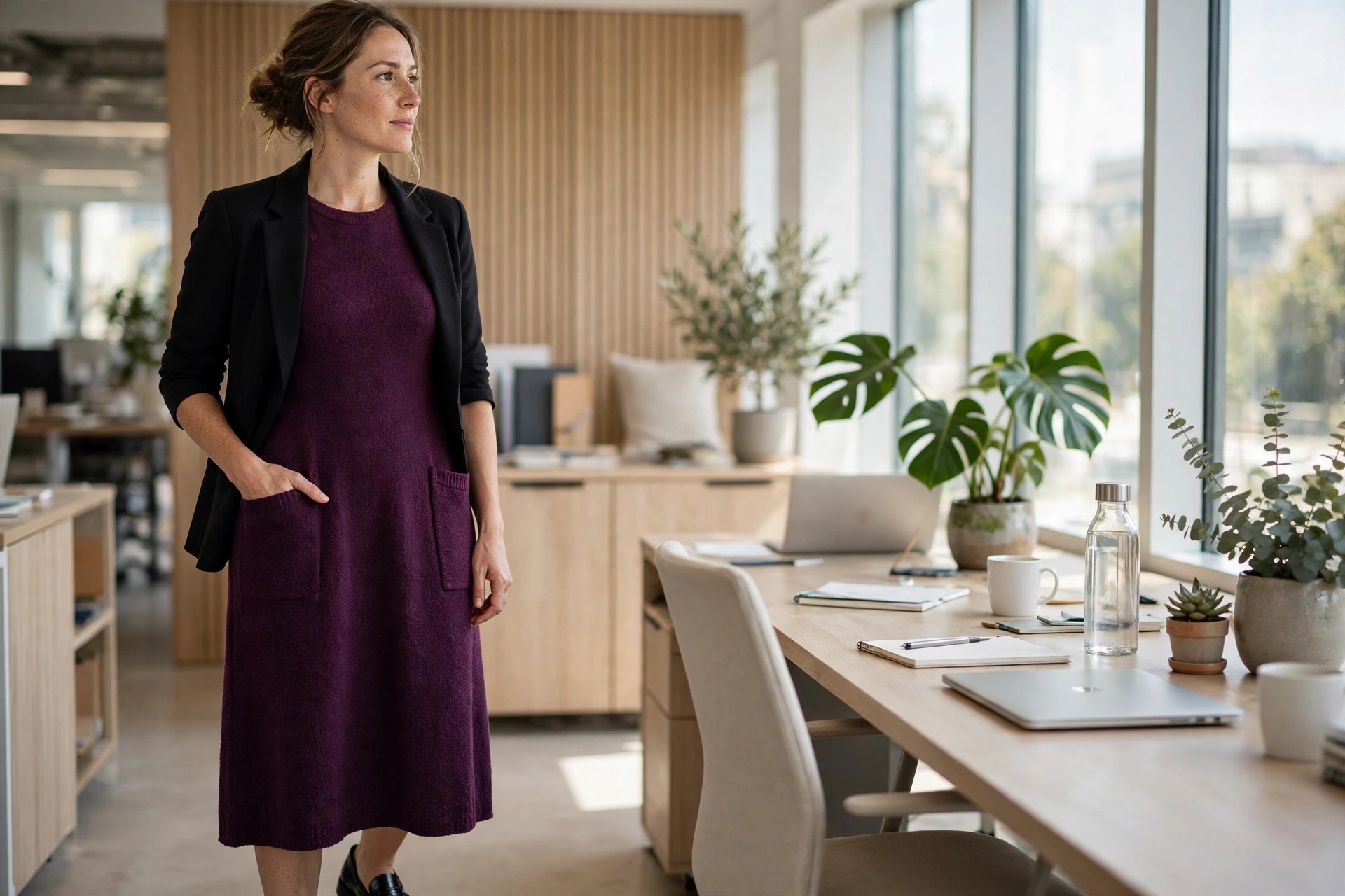 Woman in her 30s in an office in a plum midi dress with deep side pockets, hand in a pocket, black blazer
