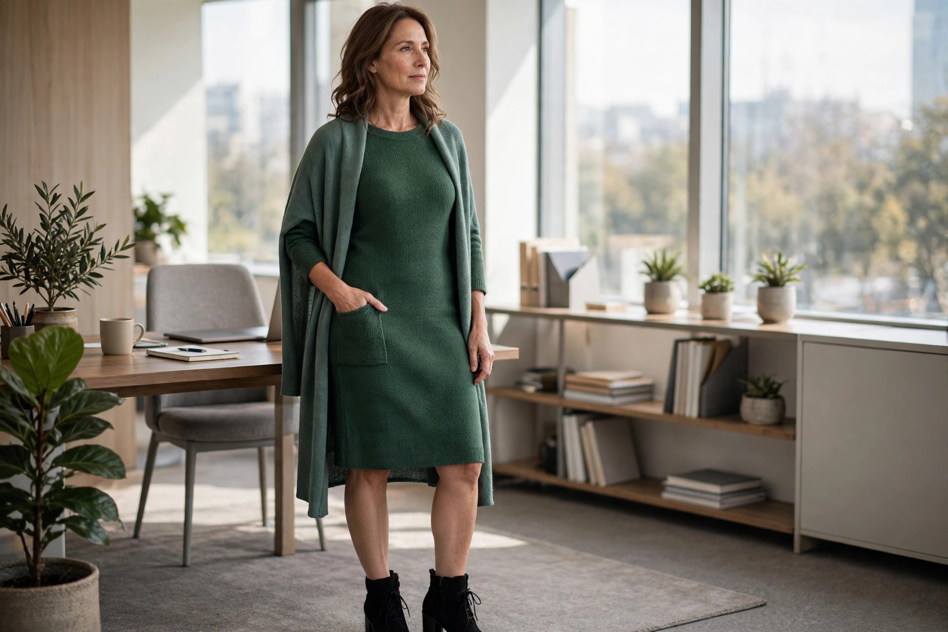 Woman in her 40s in an office in a forest green knit dress with side pocket, hand in pocket, long cardigan, ankle boots