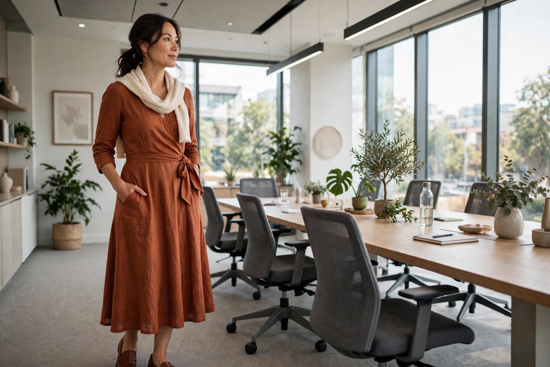 Woman in her 30s in a meeting room in a rust wrap midi dress with side tie, hand in a side pocket, cream scarf, brown loafers