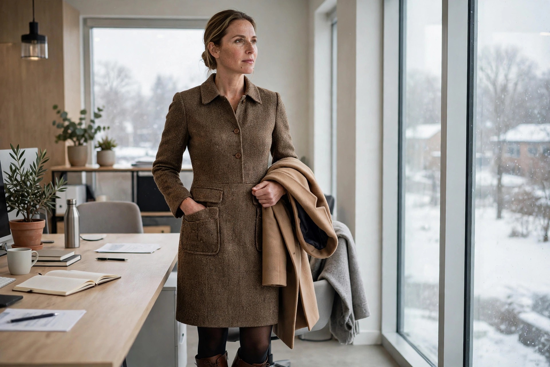 Woman in her 40s in a winter office in a brown tweed dress with flap pockets, hand in a pocket, dark tights, brown boots, coat over arm
