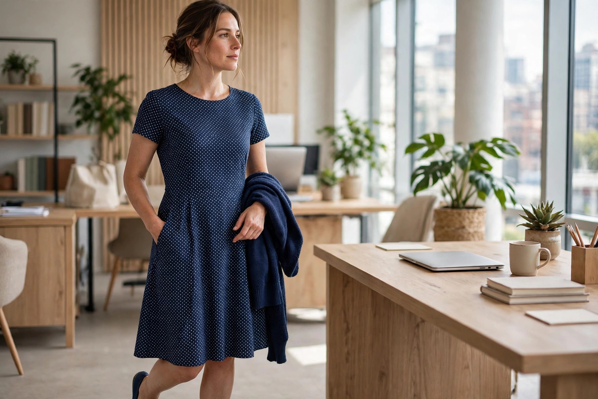 Woman in her 30s in an office in a navy small polka dot A-line dress, hand in a side pocket, navy cardigan over arm, navy flats