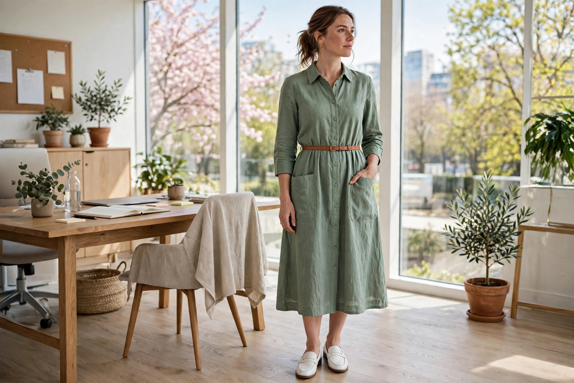 Woman in her 30s in a spring office in a sage green midi shirt dress with large patch pockets, hand in a pocket, tan belt, white loafers