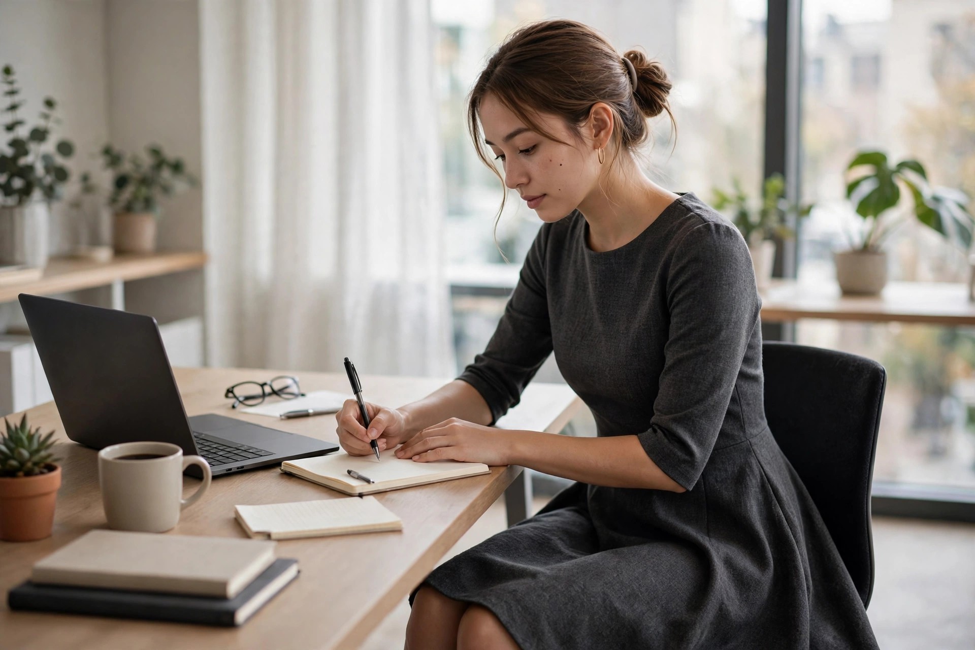 Woman in her 20s in a charcoal A-line dress with elbow-length sleeves seated at an office desk