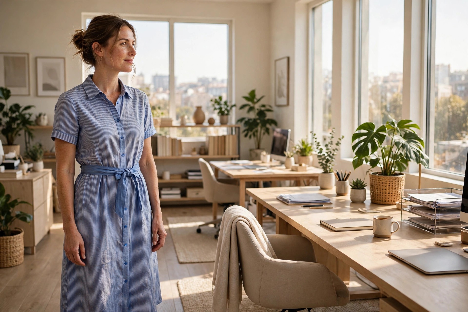 Woman in her 30s in a blue and white striped shirt dress with short sleeves, collar, button front and belt, in a bright office