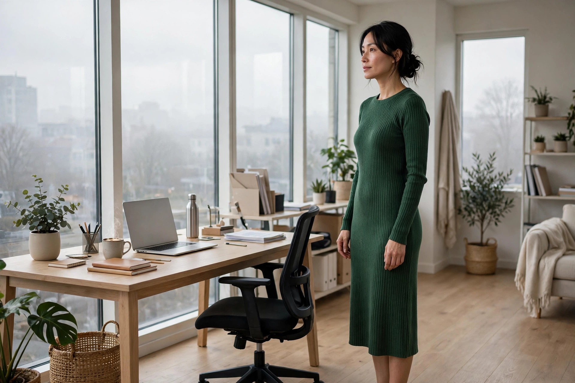 Woman in her 30s in a forest green ribbed knit midi dress with long sleeves in a cool-morning office