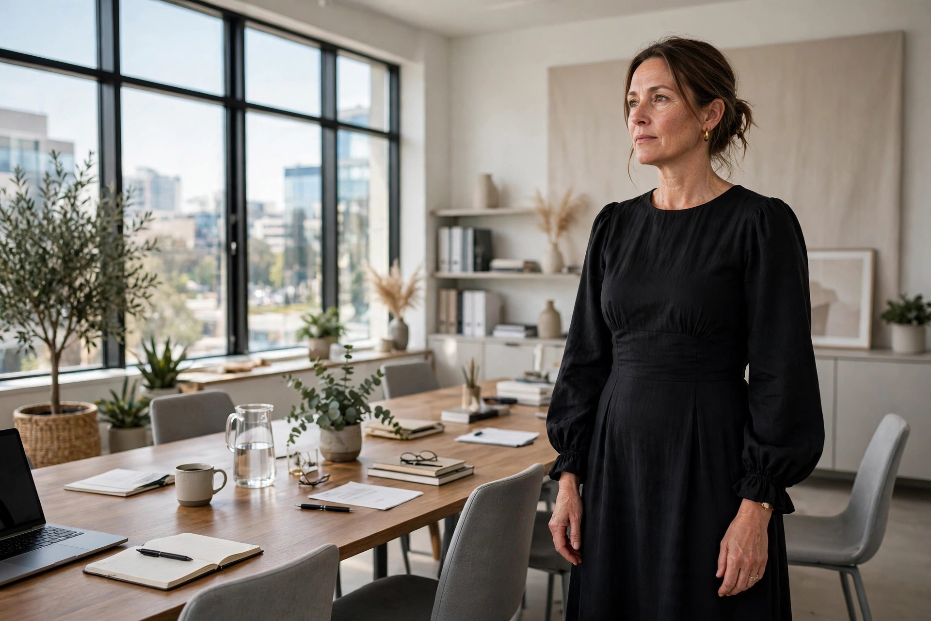 Woman in her 40s in a black midi dress with bishop sleeves gathered at the cuffs in a meeting room