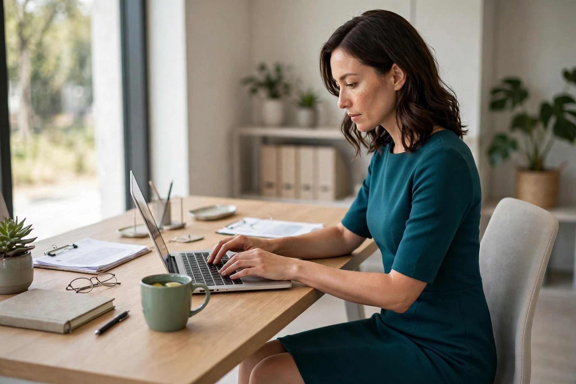 Woman in her 30s in a teal ponte sheath dress with quarter sleeves typing at an office desk