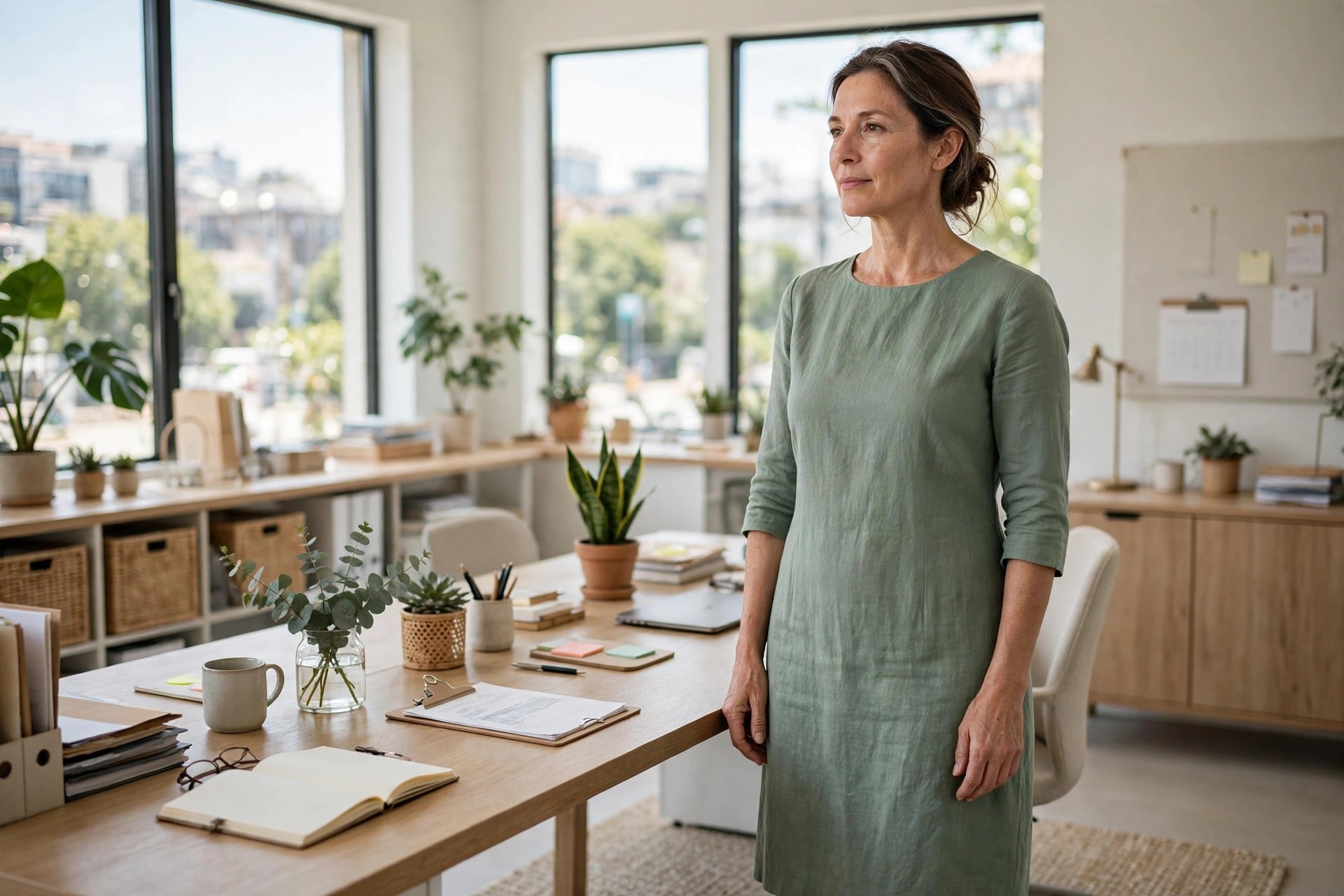 Woman in her 40s in a sage green shift dress with elbow-length sleeves in a bright office