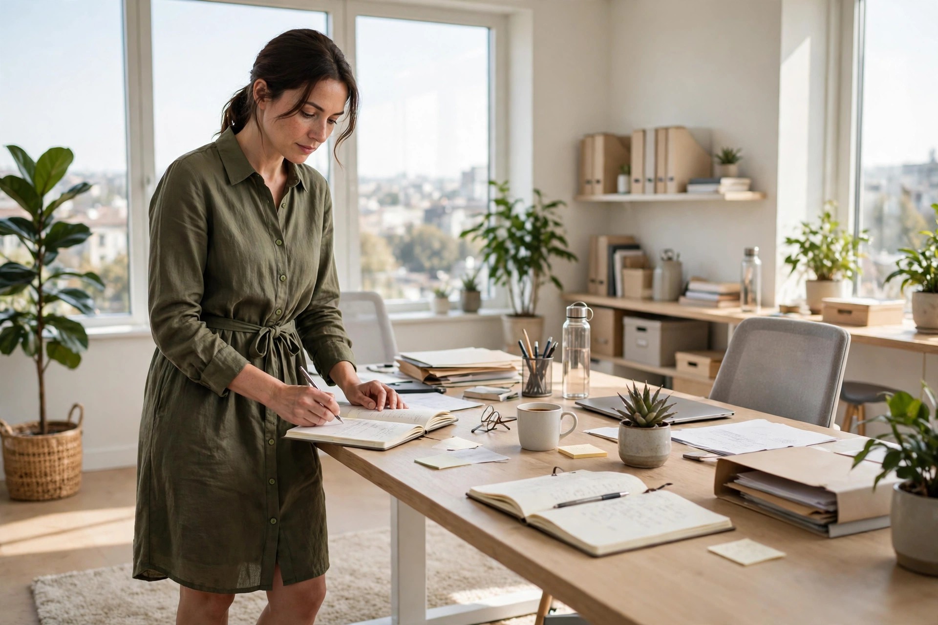 Woman in her 30s in an olive shirt dress with long sleeves, collar, button front and waist tie at an office desk