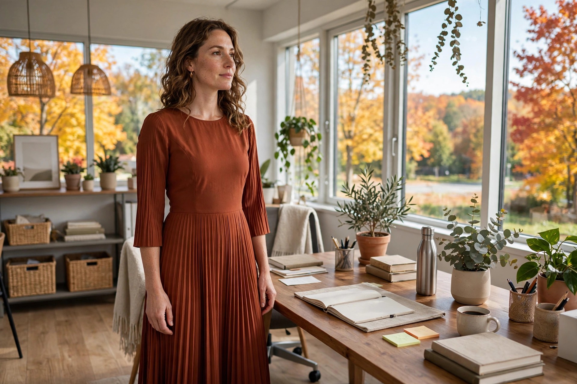 Woman in her 30s in a rust pleated midi dress with three-quarter sleeves in an autumn office