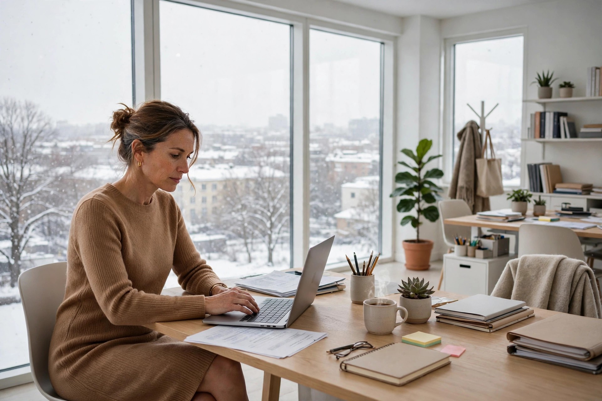 Woman in her 40s in a camel fine gauge sweater dress with long sleeves at a winter office desk