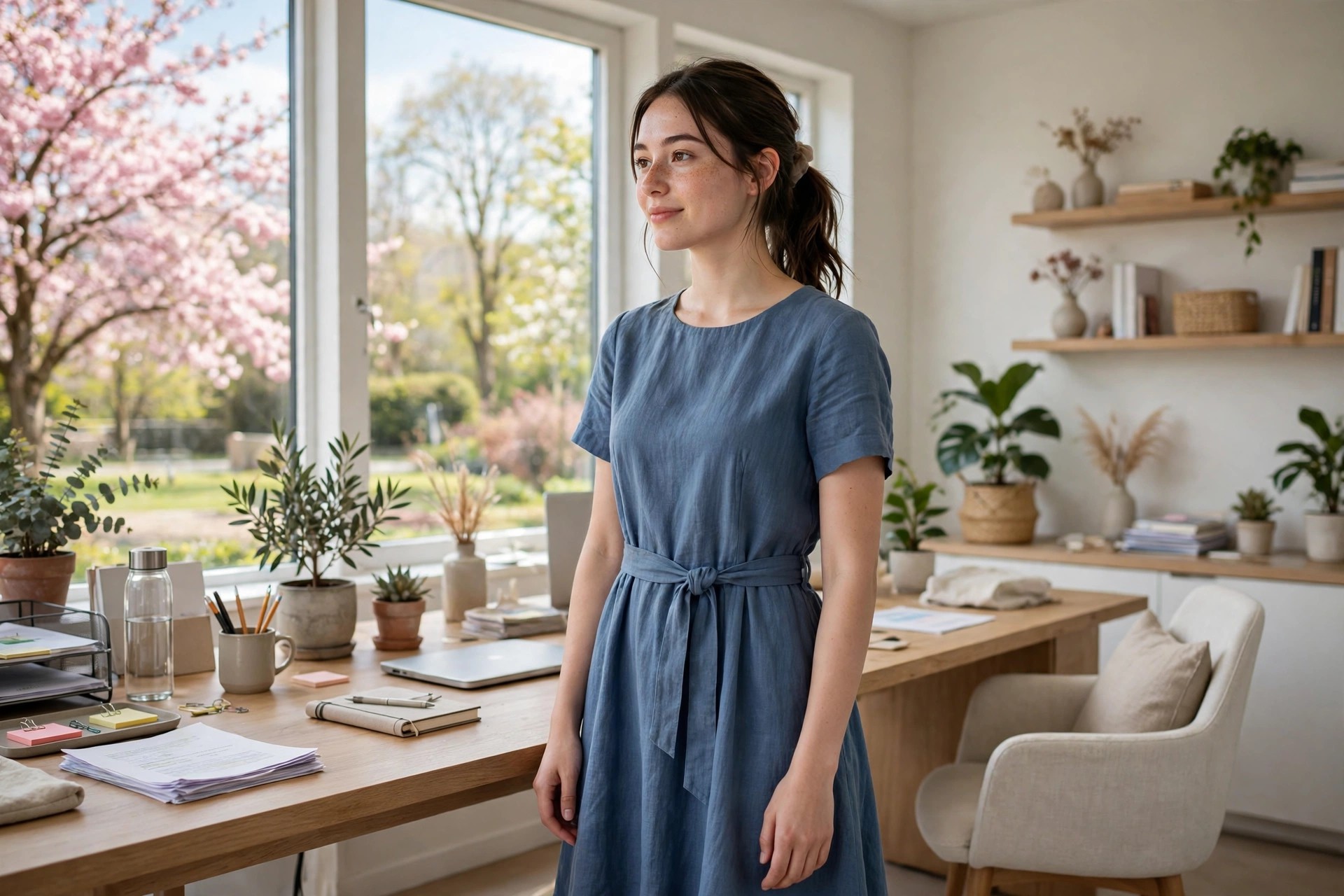 Woman in her 20s in a dusty blue A-line dress with short sleeves and a belt in a spring office