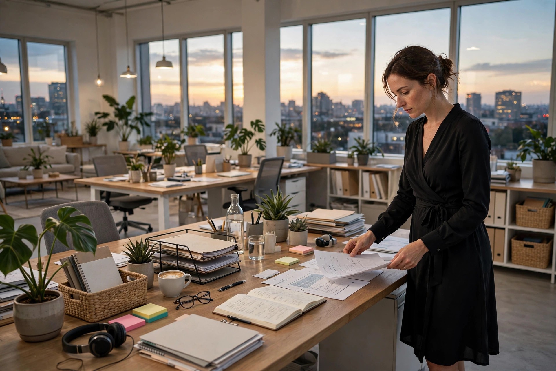 Woman in her 30s in a black wrap midi dress with long sleeves at an evening office desk